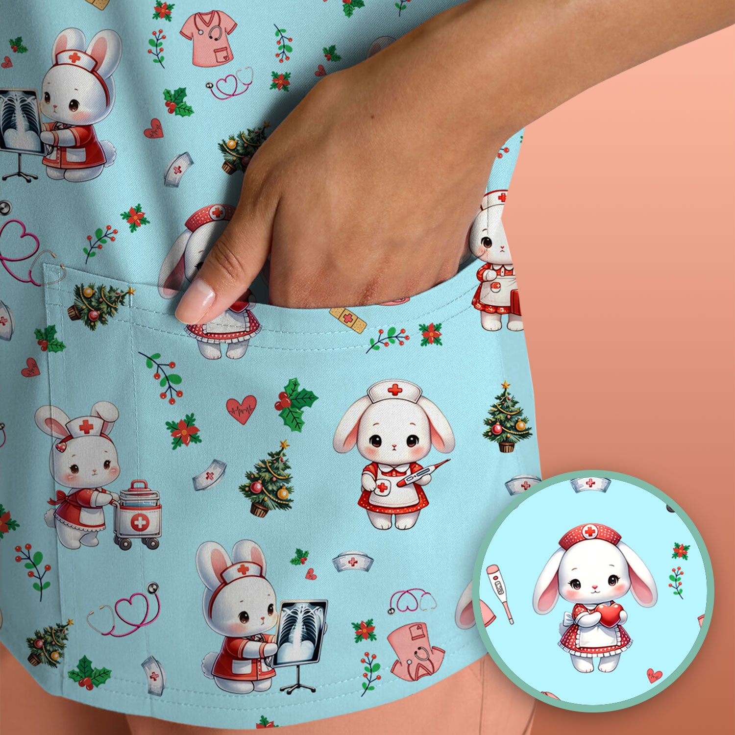 Cute Bunny Scrub Top for Nurse - Adorable Christmas Rabbit Shirt - Funny Holiday Medical Shirt Gift for Women RN LPN CNA