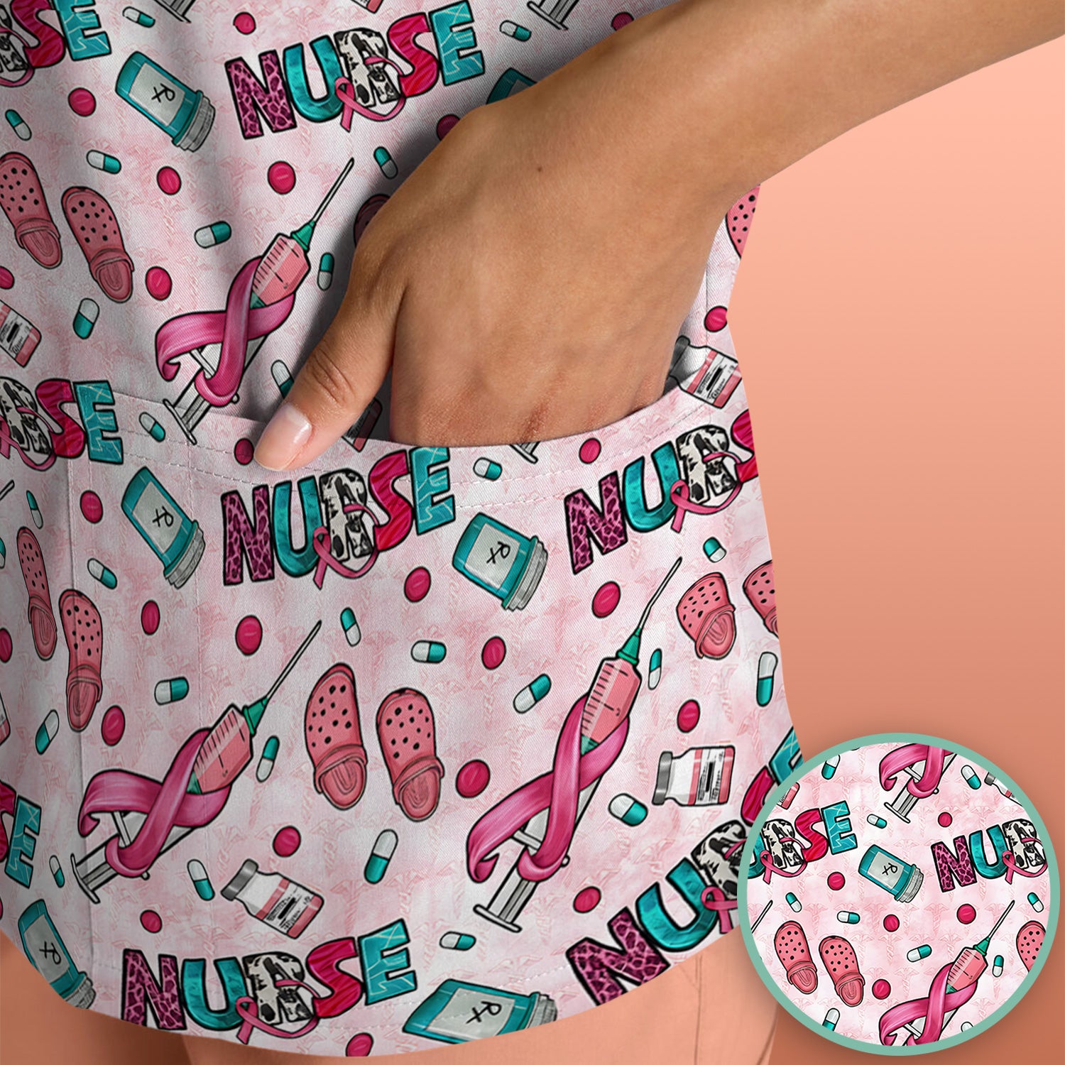 Pink Ribbon with Recovery Print Scrub Top, Comfortable Scrubs for Nurses