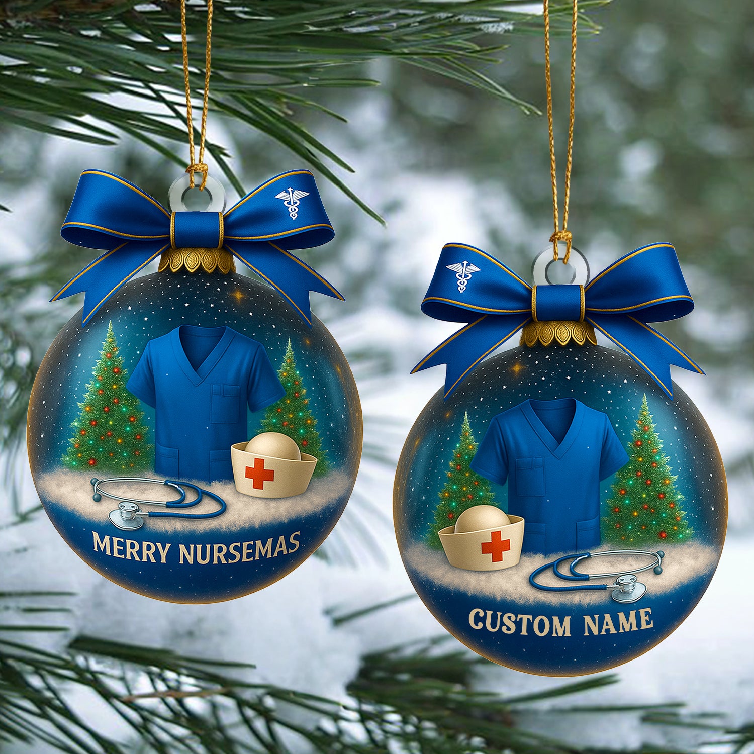 Custom Name Nurse Ornament, Blue Scrub Christmas Ornament With Bow, Merry Nursemas Medical Ornament, Holiday Gift for RN And Doctor