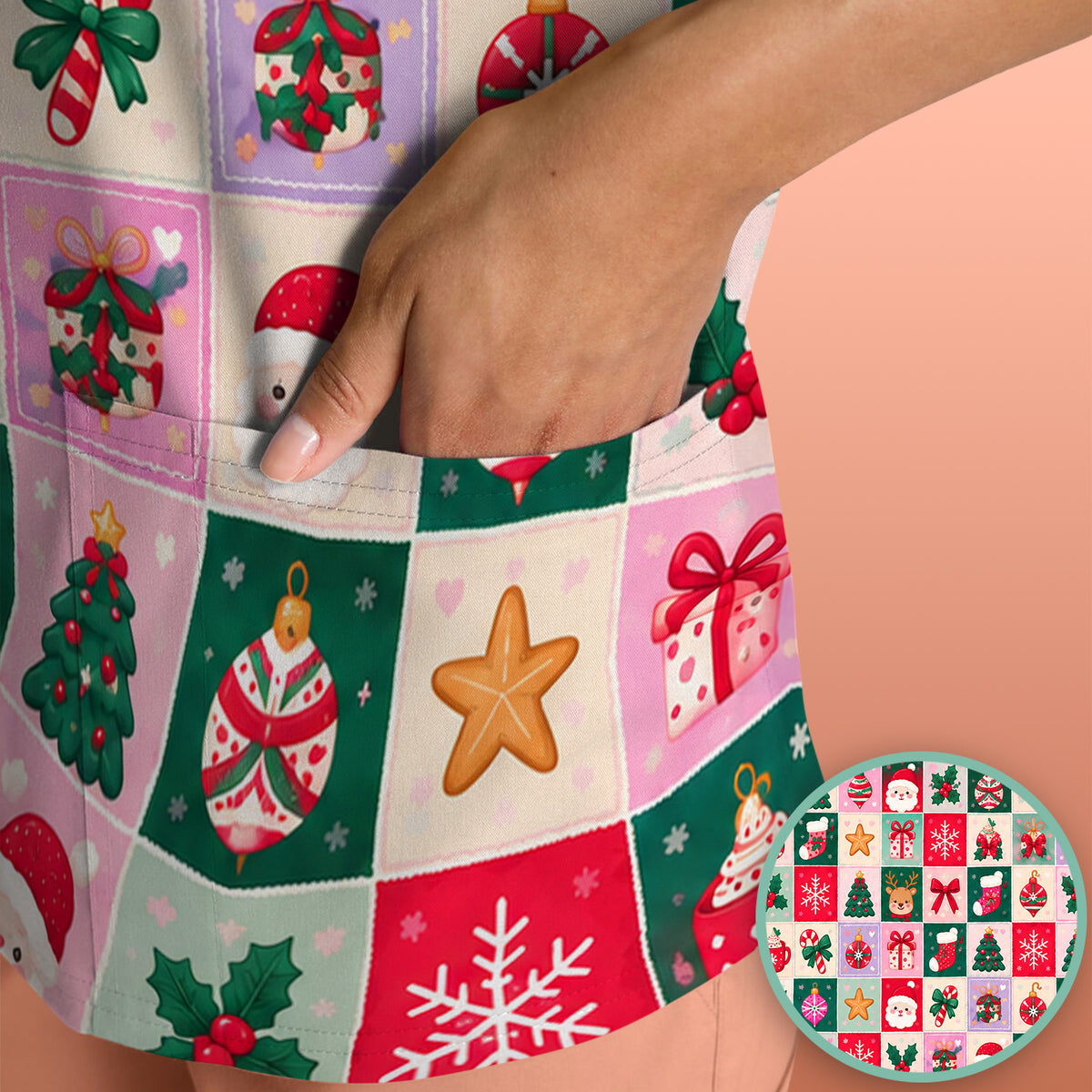 Cute Christmas Santa Patchwork Scrub Top, Comfortable Scrubs for Nurses