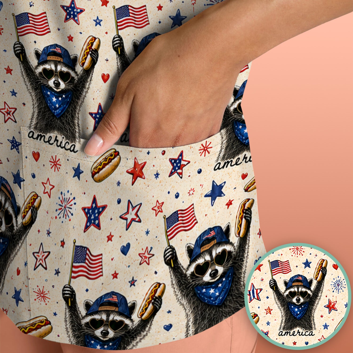 Patriotic Raccoon America Hotdog Pattern Scrub Top, Comfortable Scrubs for Nurses
