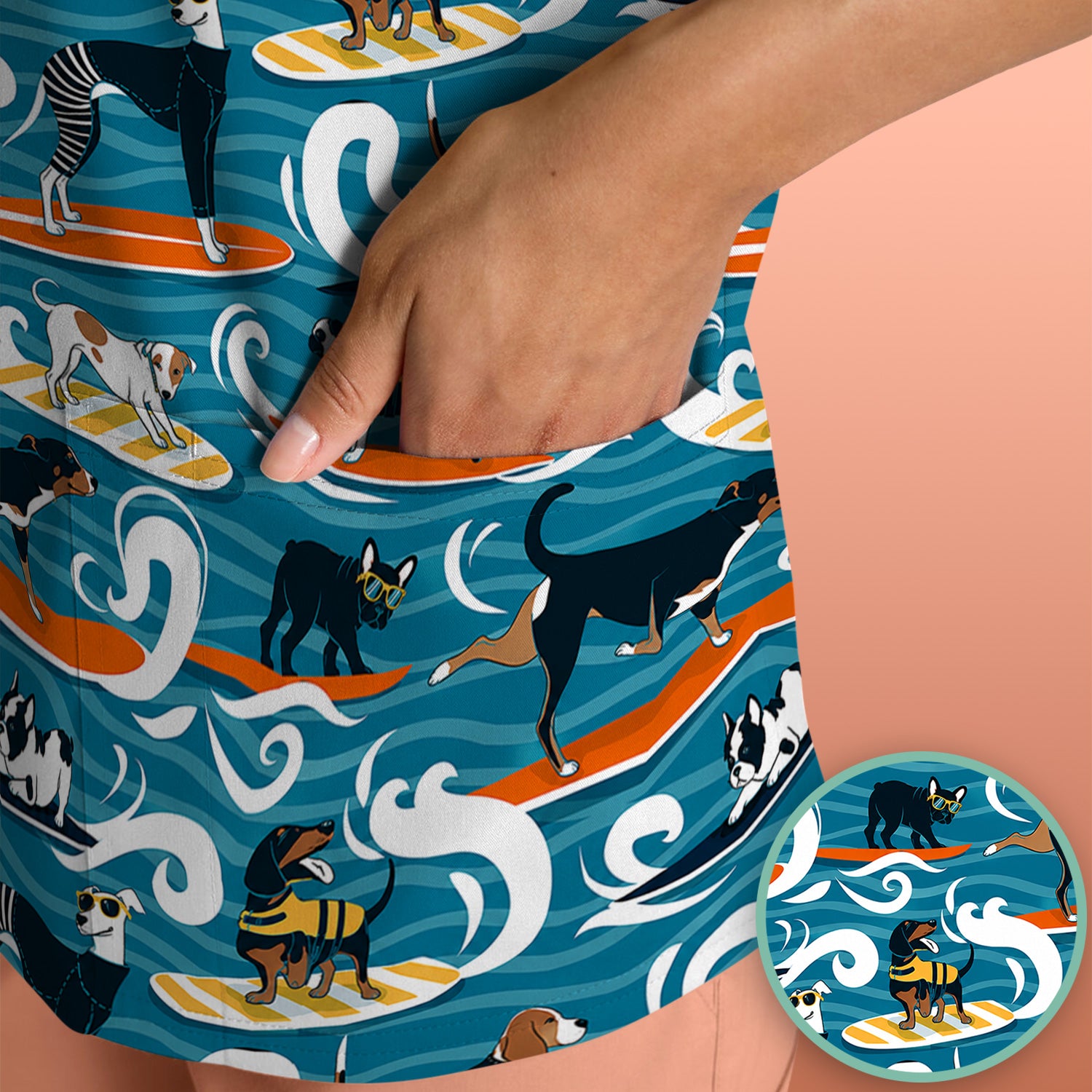Surfing Dogs Ocean Wave Print Scrub Top, Comfortable Scrubs for Nurses