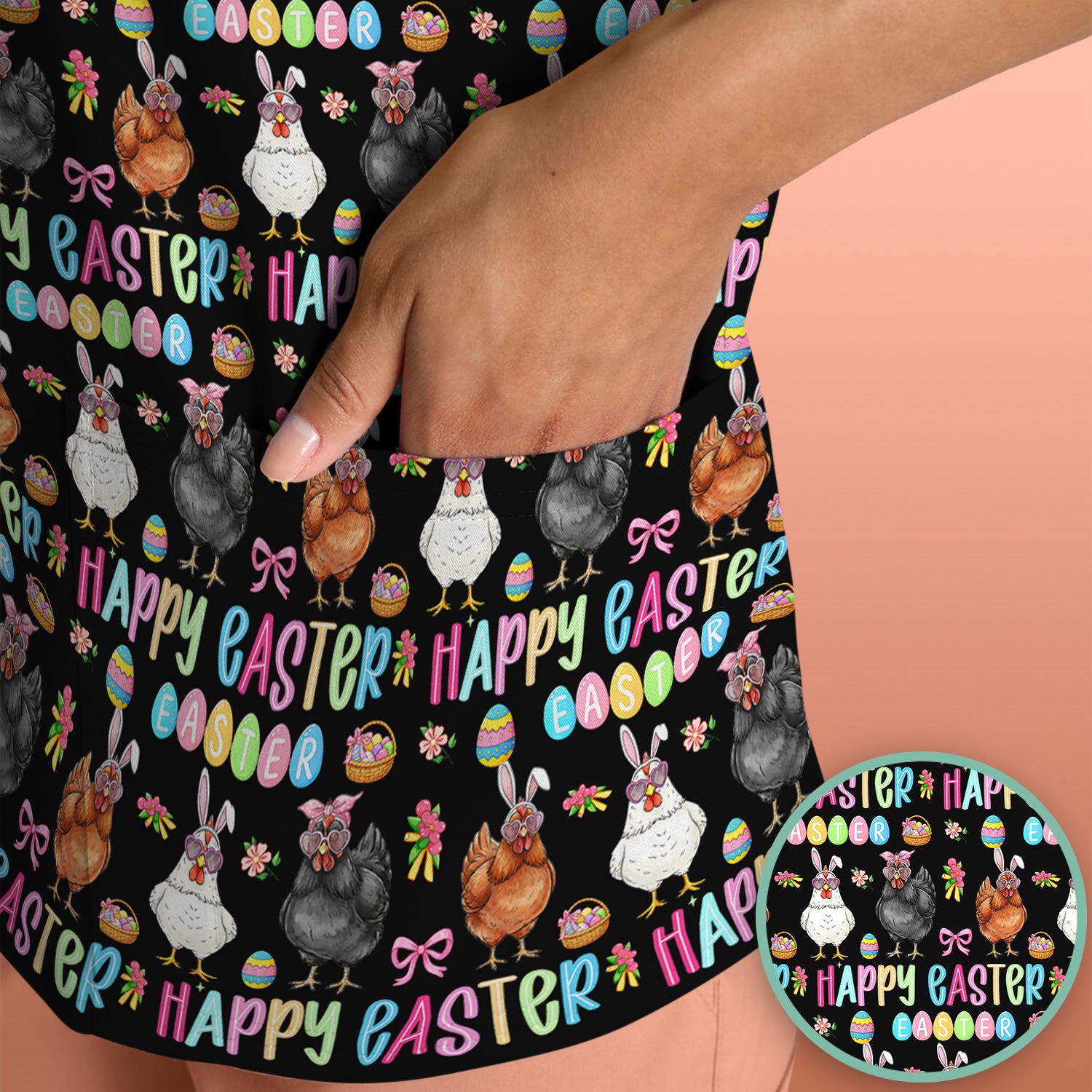 Happy Easter Bunny Eggs Pattern Scrubs Top, Comfortable Scrubs for Nurses