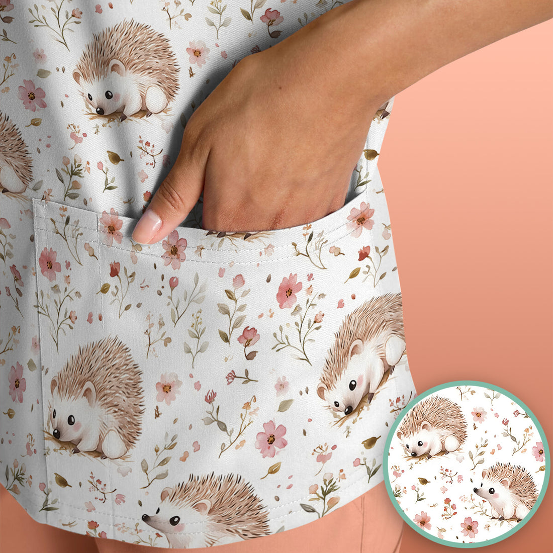 Cute Hedgehog Wildflower Garden Pattern Scrub Top, Comfortable Scrubs for Nurses