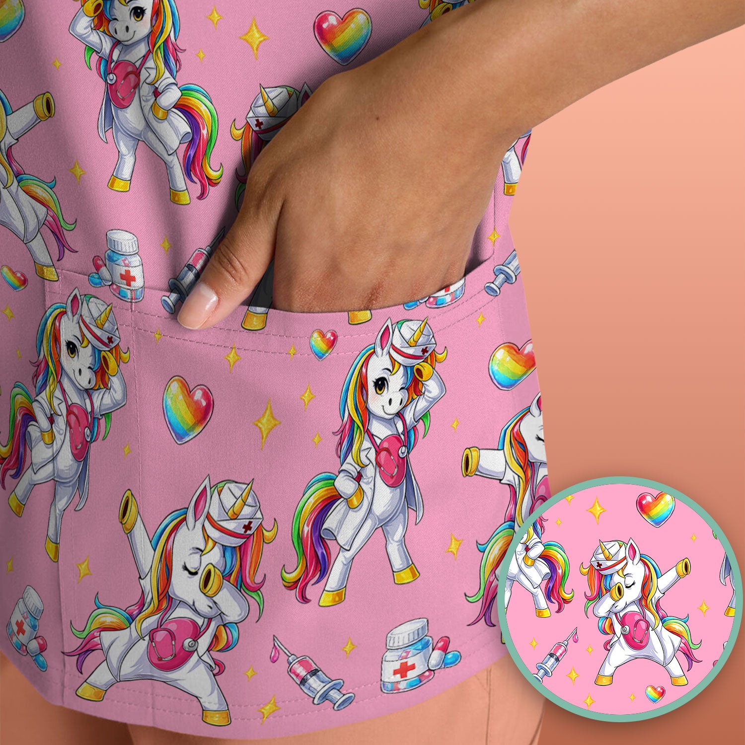 Playful Nurse Unicorn Rainbow Pattern Scrub Top, Comfortable Scrubs for Nurses