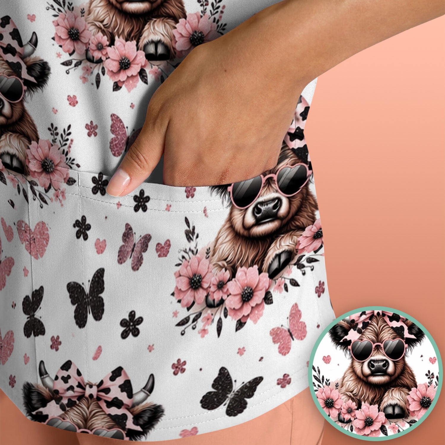 Cute Cow With Heart Sunglasses Pattern Scrub Top, Comfortable Scrubs for Nurses
