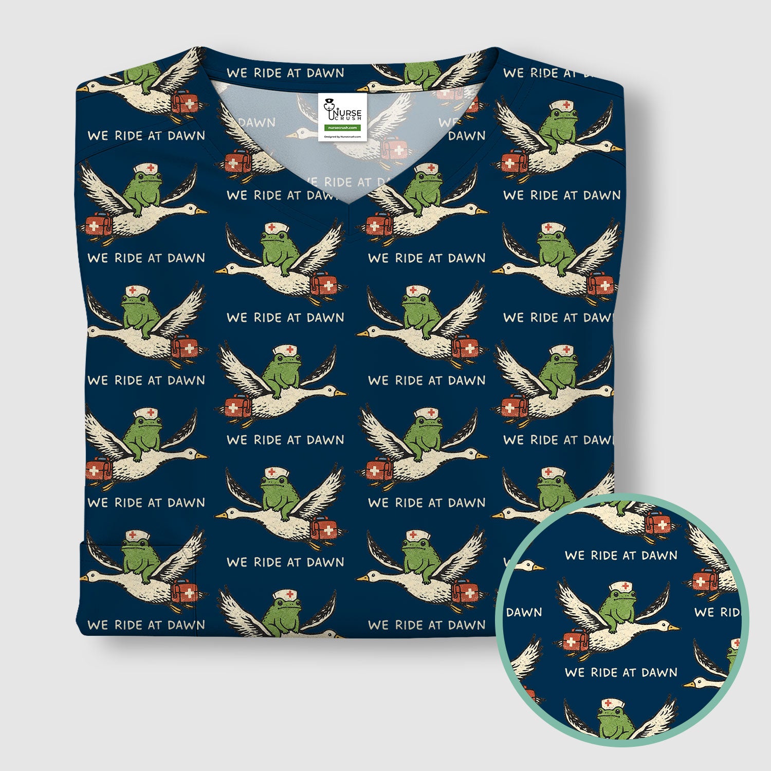 Funny Frog Riding Goose Nurse Pattern Scrub Top, Comfortable Scrubs for Nurses