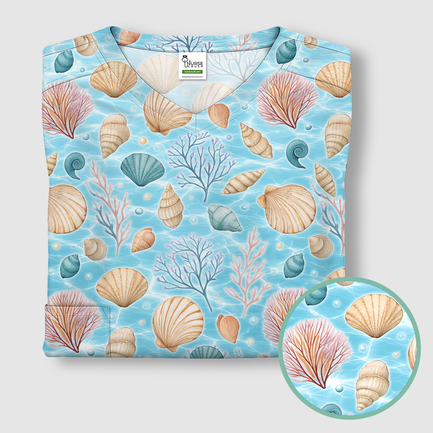 Cute Nurse Coastal Seashell And Coral Reef Scrub Top, Breathable Fabrics Nursing Uniform