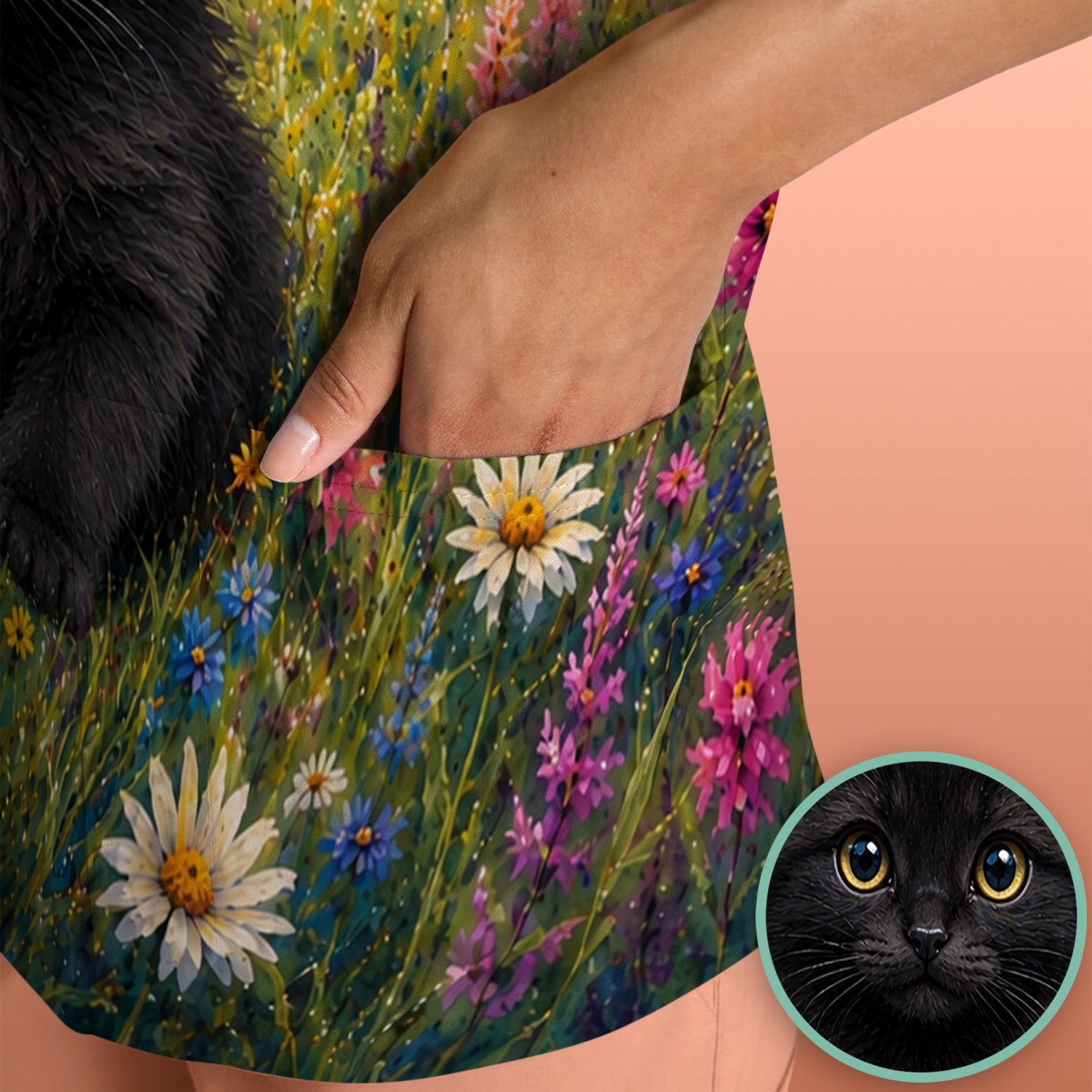 Black Kitten Flower Meadow Nurse Scrub Top for RN, CNA, Veterinary Staff, Cat Lover Uniform
