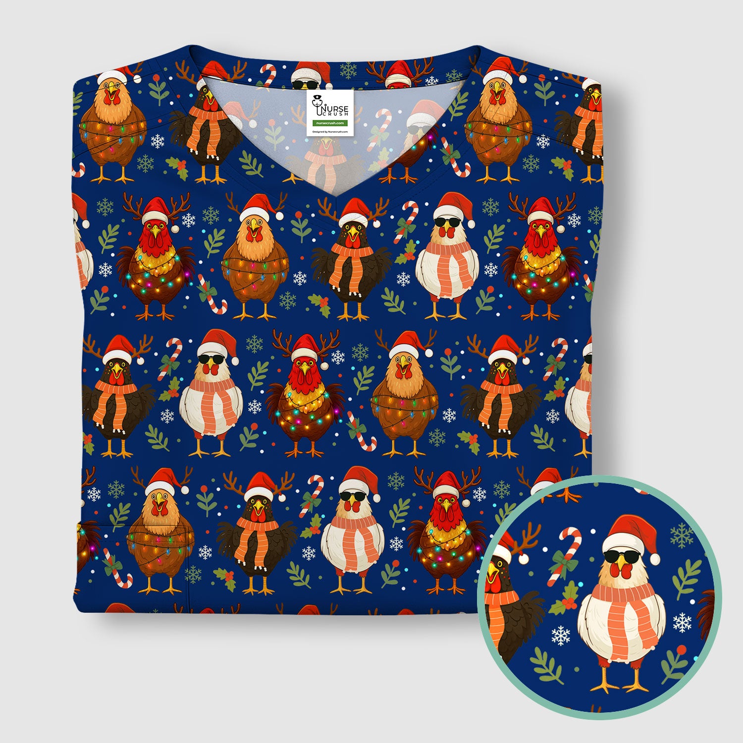 Chicken Scrubs Christmas Edition - Cute Funny Hen Pattern Medical Scrub Top for Women - Holiday Christmas Scrubs with Festive Print