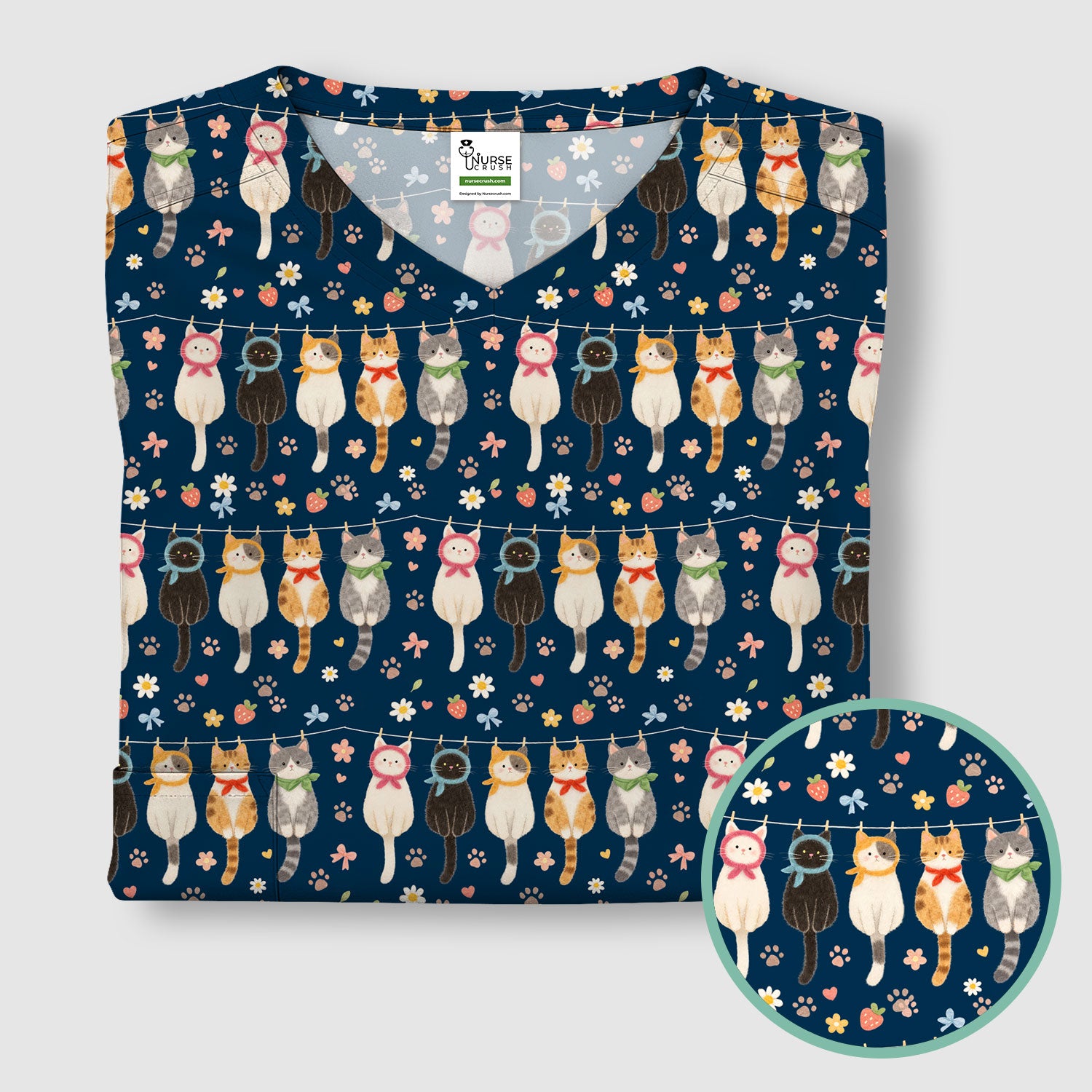 Cute Cat Clothesline Pattern Scrub Top, Comfortable Scrubs for Nurses
