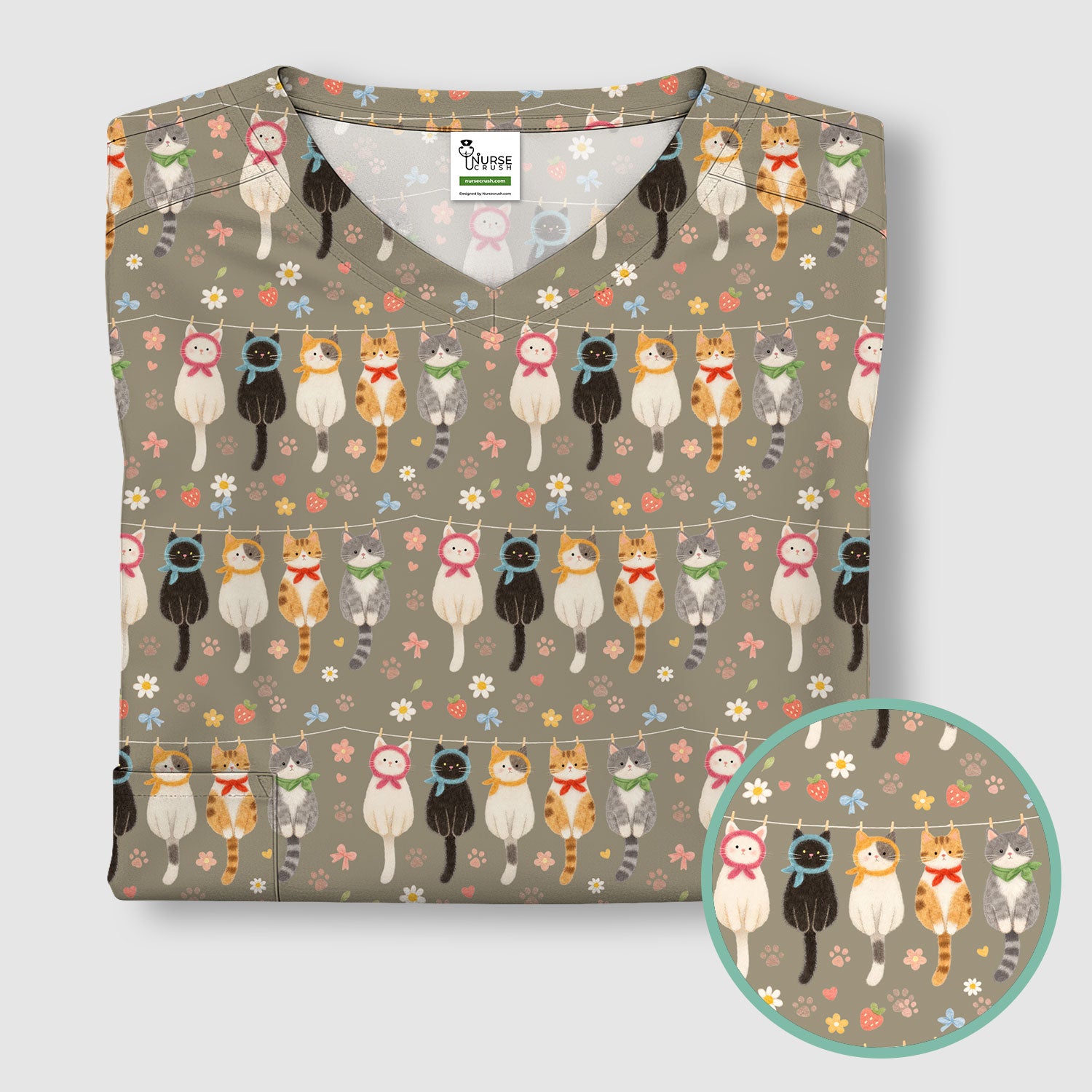 Cute Cat Clothesline Pattern Scrub Top, Comfortable Scrubs for Nurses