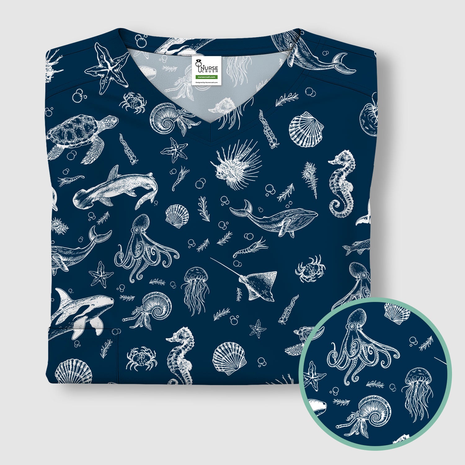 Marine Sea Life Pattern Scrub Top, Breathable Fabrics Nursing Uniform