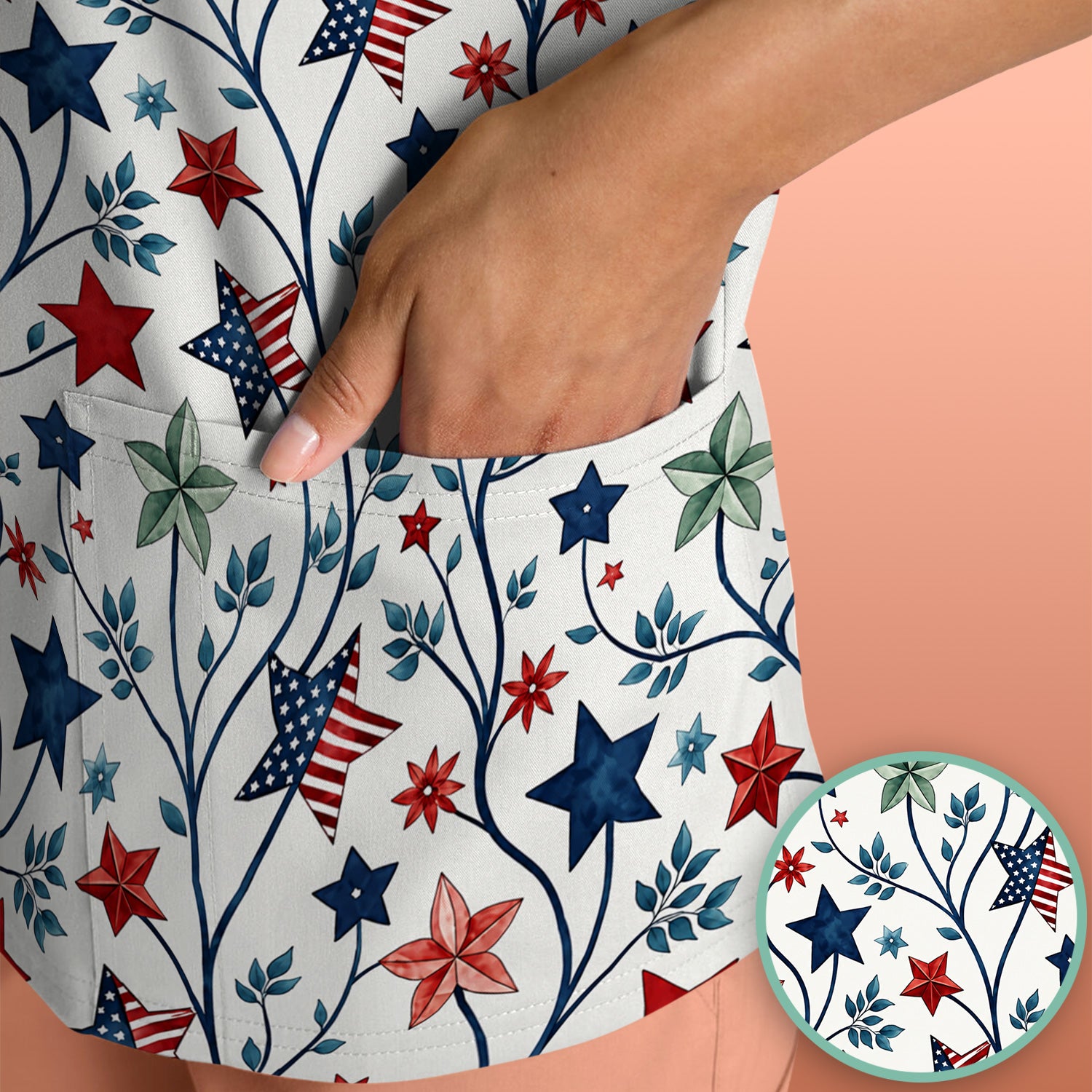 Patriotic Star Vine Floral Print Scrub Top, Comfortable Scrubs for Nurses