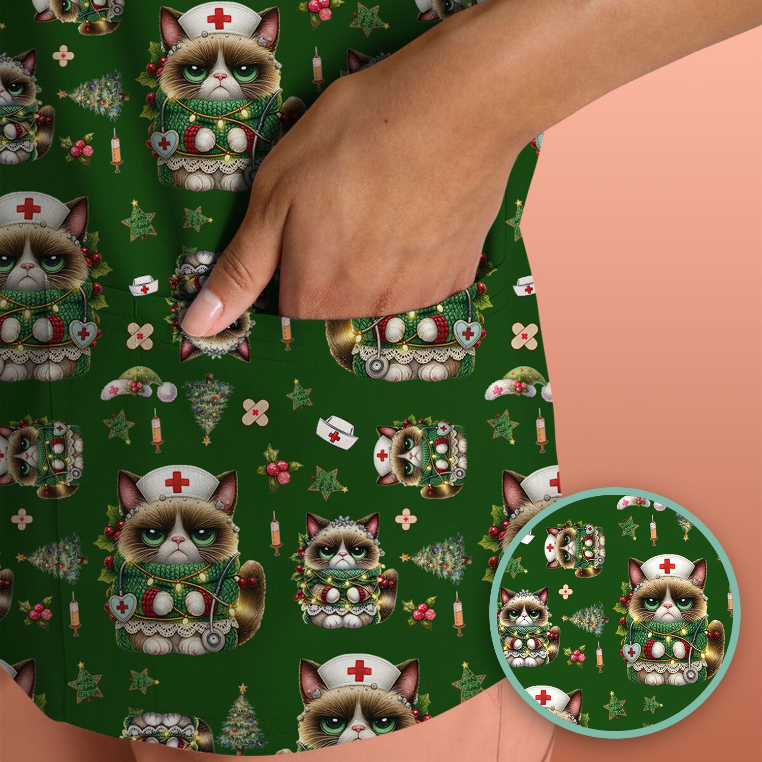 Christmas Nurse Scrub Top - Funny Cat Nursing Shirt - Cute Holiday Medical Uniform for Women RN LPN CNA