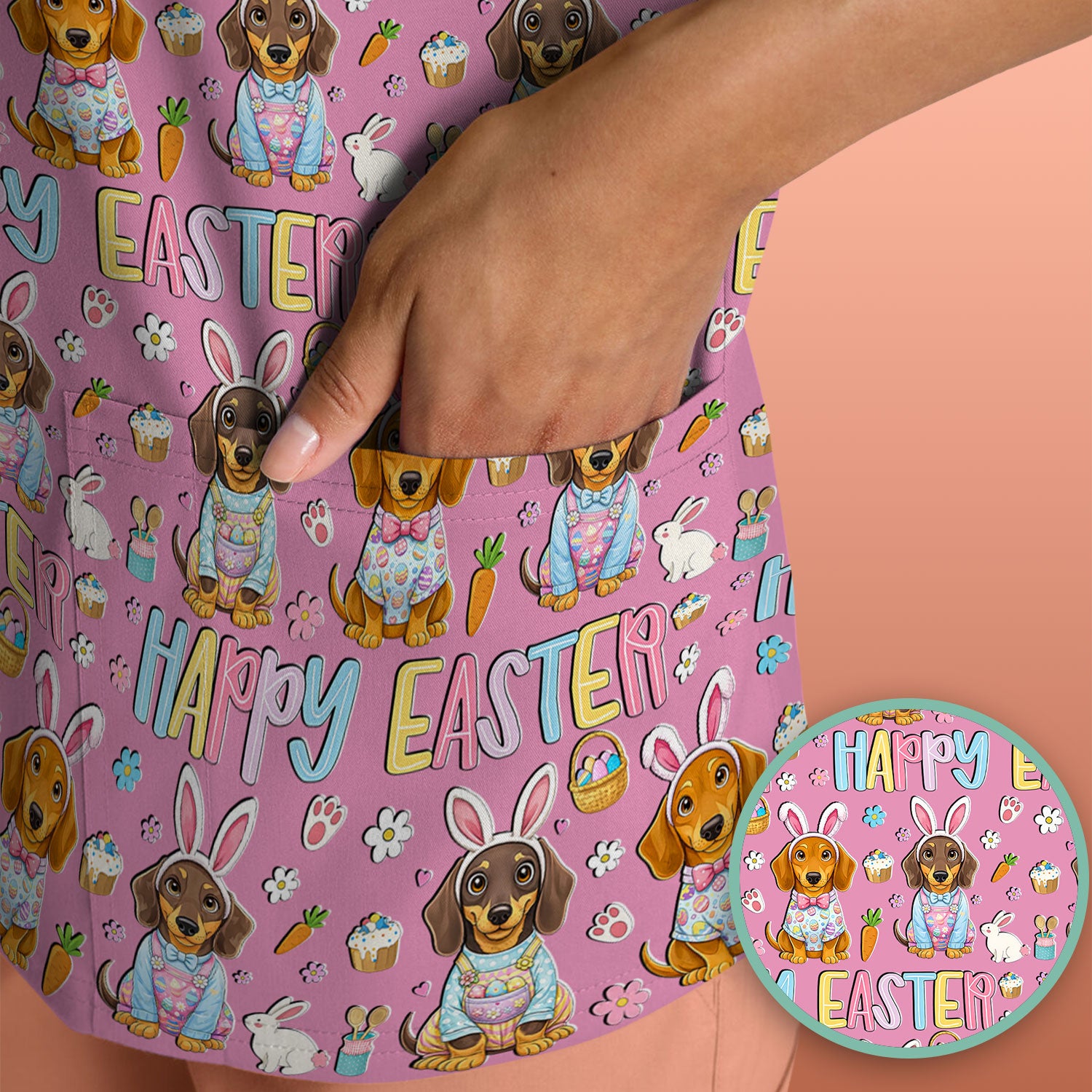 Happy Easter Dachshund Bunny Print Scrub Top, Comfortable Scrubs for Nurses