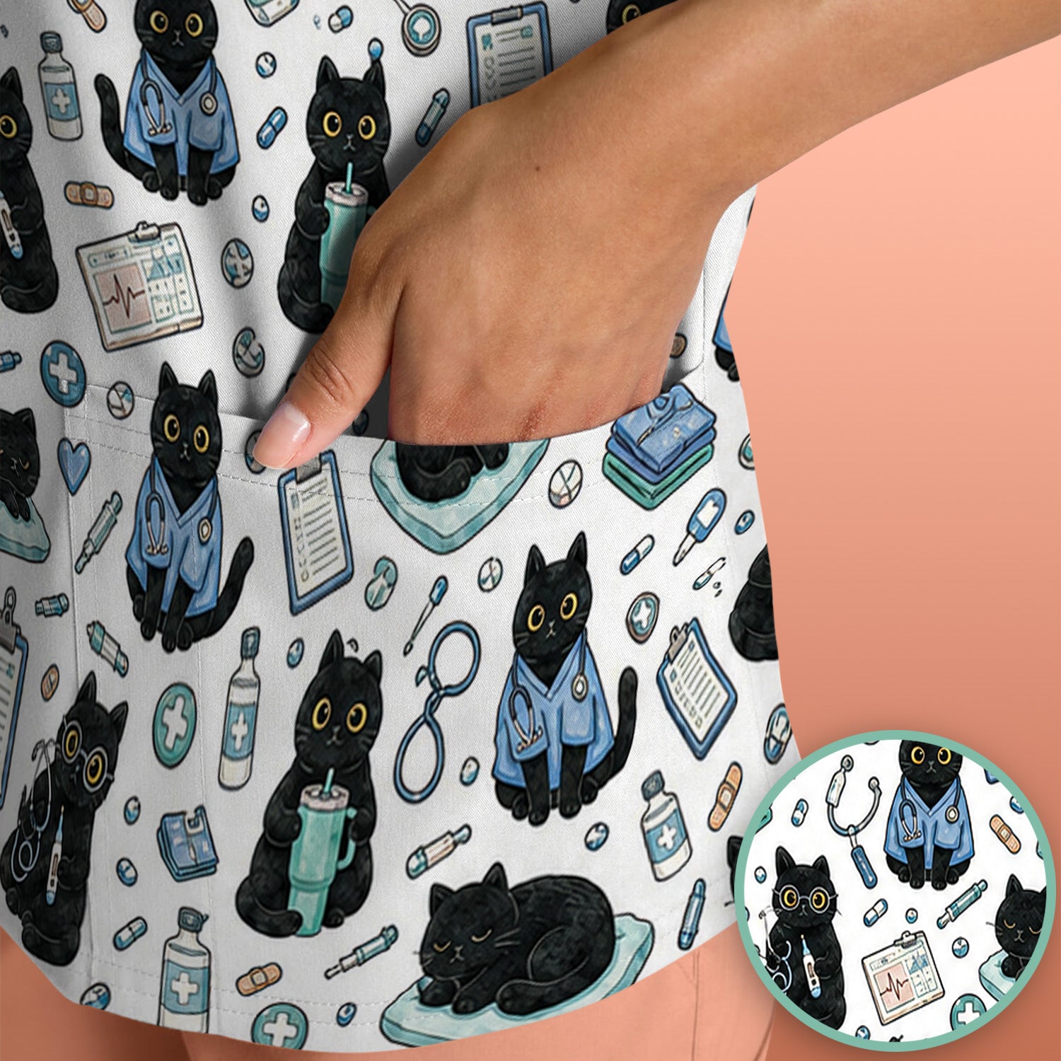 Black Cat Clinic Scrub Top, Comfortable Scrubs for Nurses