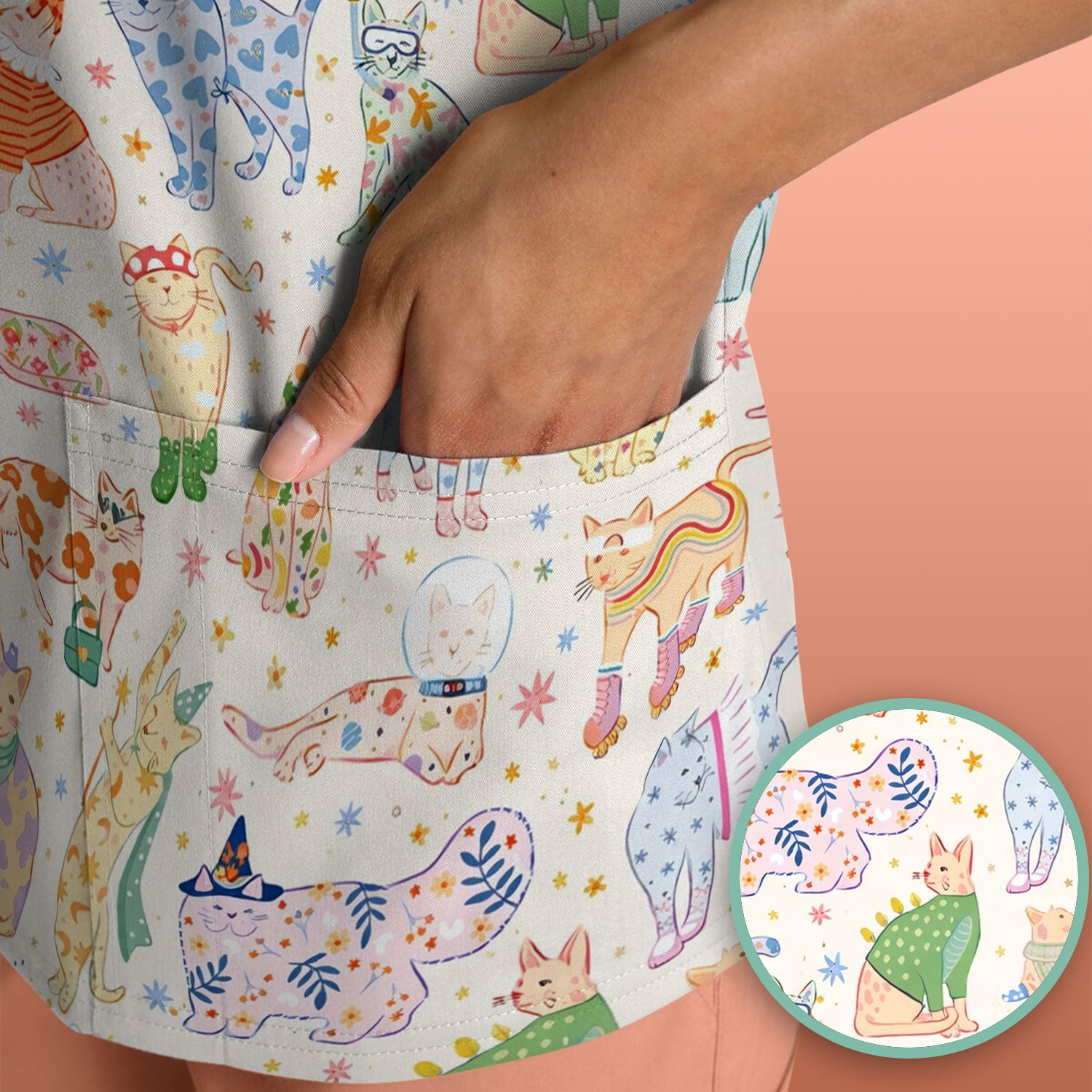 Colorful Pastel Cartoon Cats Print Scrub Top, Breathable Fabrics Nursing Uniform