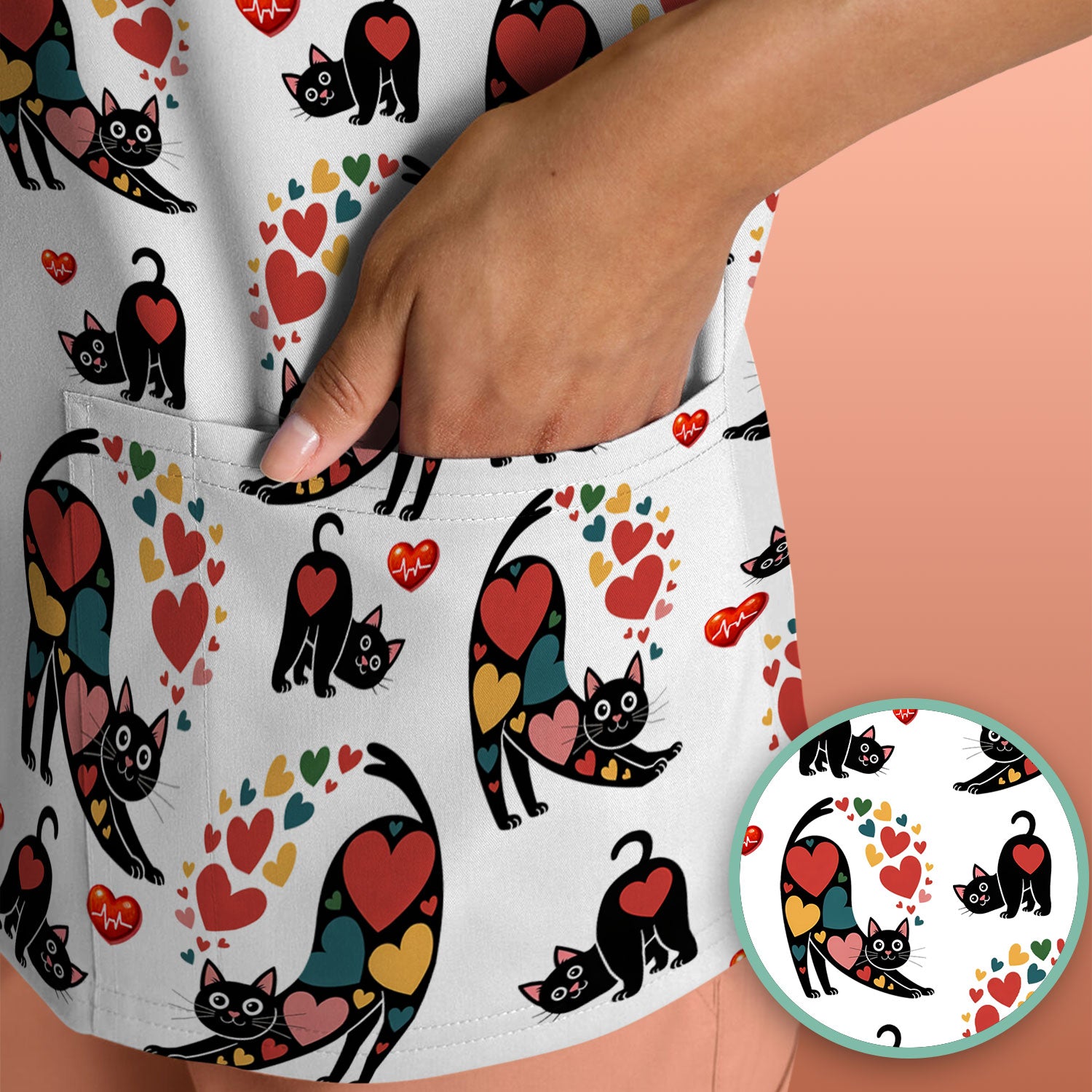 Playful Cat Valentine Heart Print Nurse Scrub Top, Comfortable Scrubs for Nurses