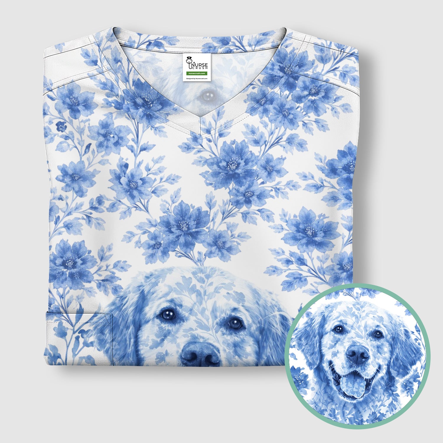 Personalized Pet Photo Floral Scrub Top, Breathable Fabrics Nursing Uniform