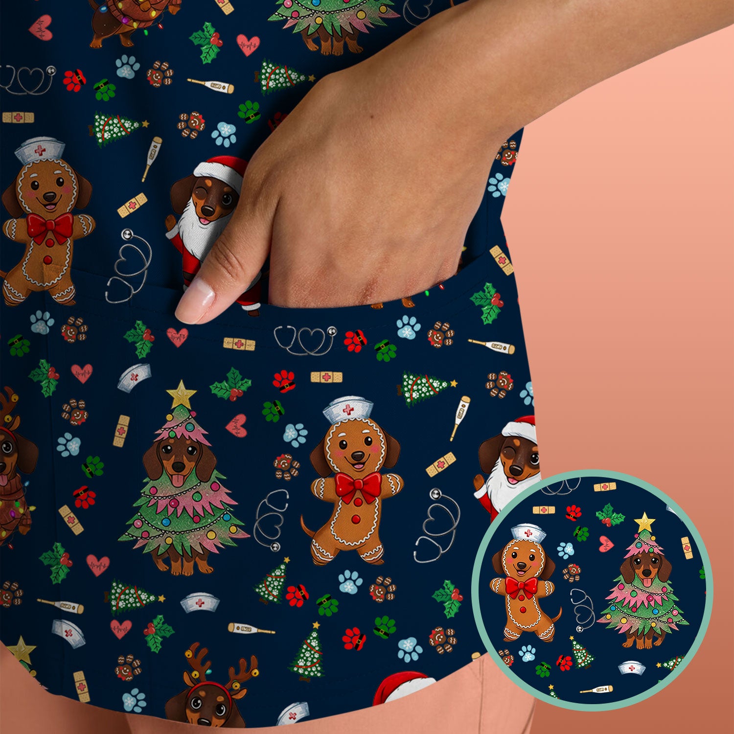 Wiener Dog Christmas Scrub Top – Funny Dachshund Pattern Medical Shirt – Festive Holiday Uniform for RN, LPN, CNA, and Vet Techs