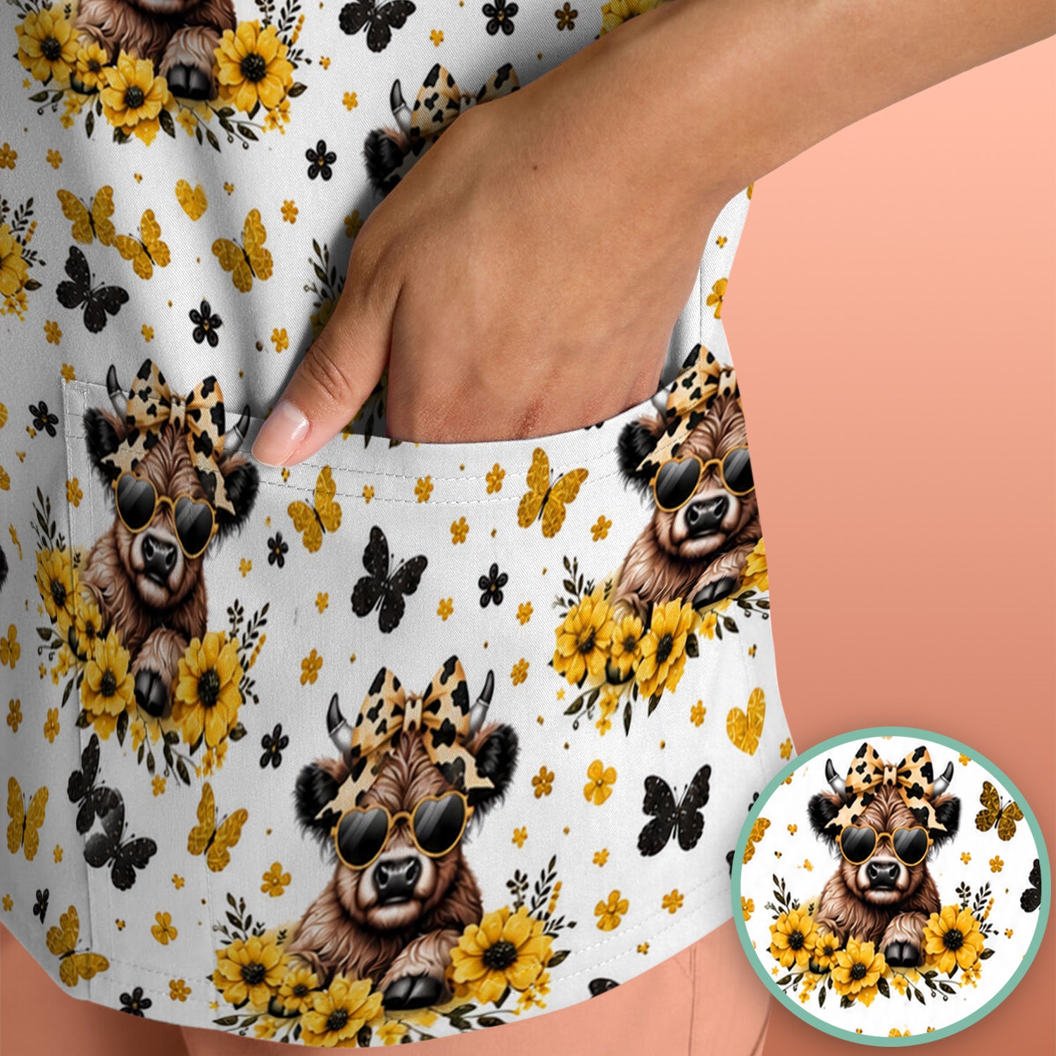 Cow With Sunflower Bow Pattern Scrub Top, Comfortable Scrubs for Nurses
