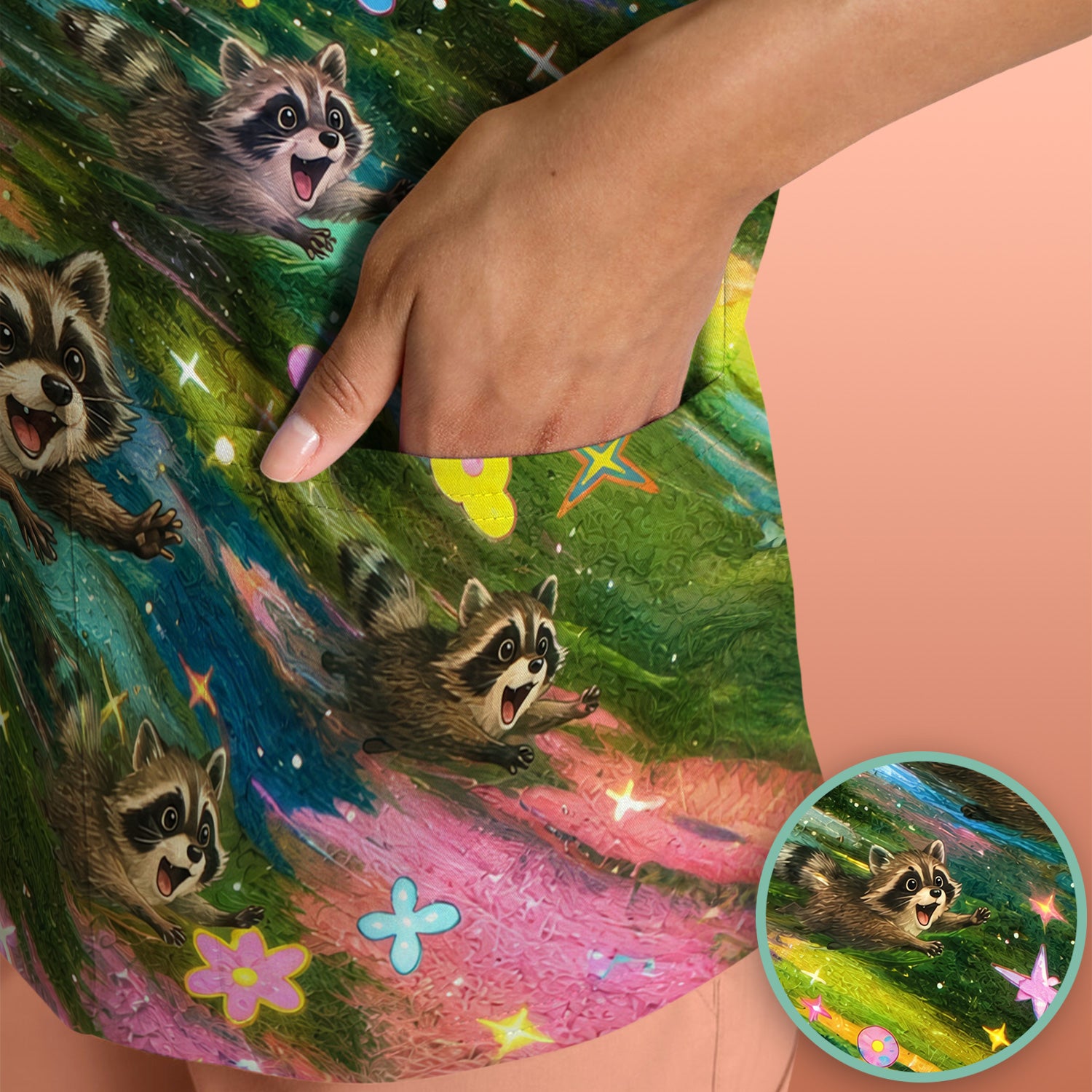 Cute Raccoon Rainbow Dash Pattern Scrub Top, Comfortable Scrubs for Nurses