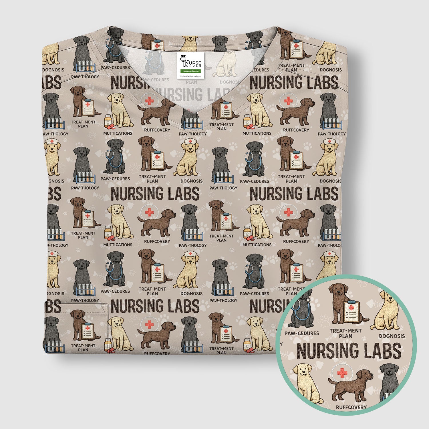 Playful Nursing Labs Dog Pattern Scrub Top, Comfortable Scrubs for Nurses