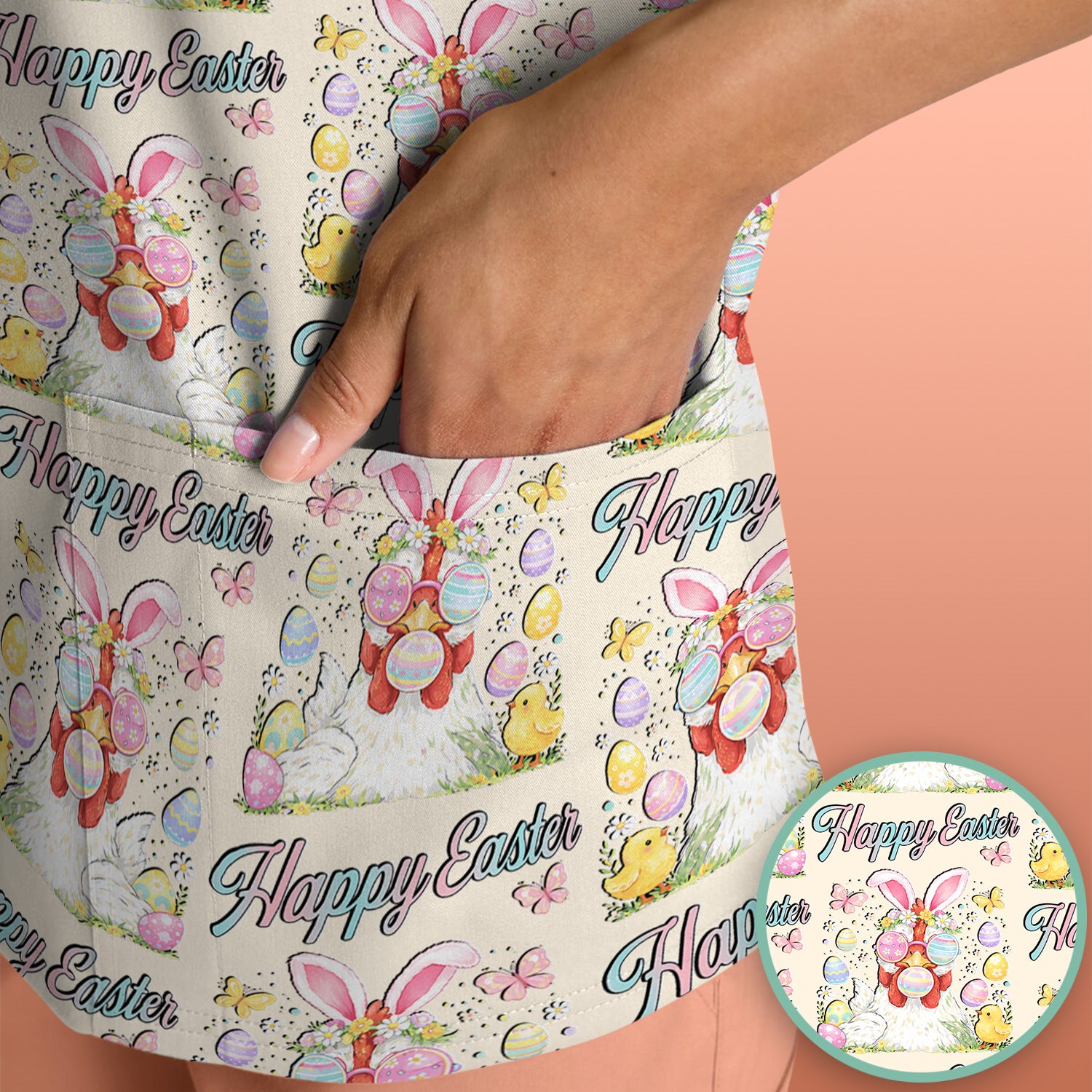 Happy Easter Bunny Eggs Pattern Scrub Top, Comfortable Scrubs for Nurses