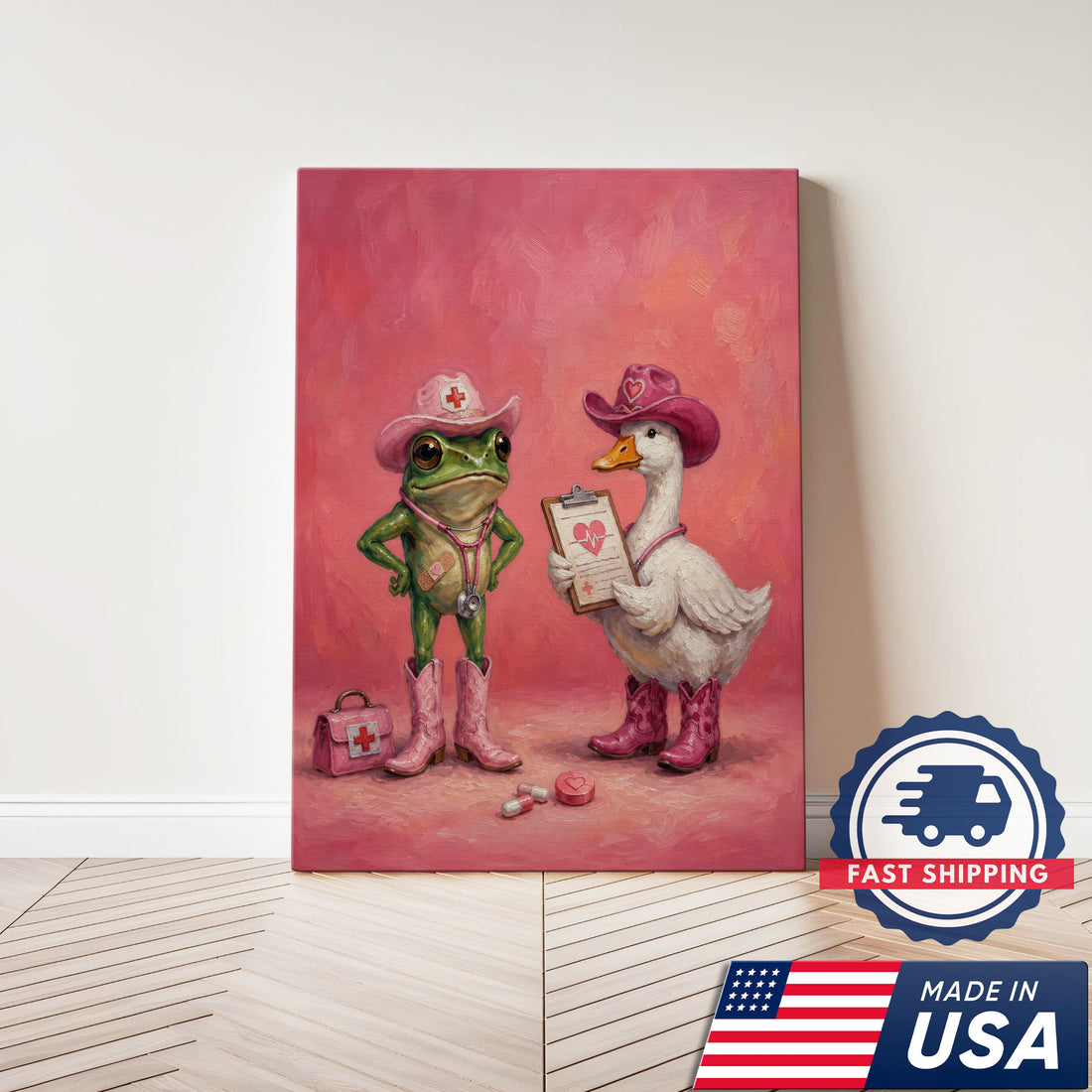 Cute Nurse Frog Duck Cowgirl Canvas Wall Art, Clinic Decor