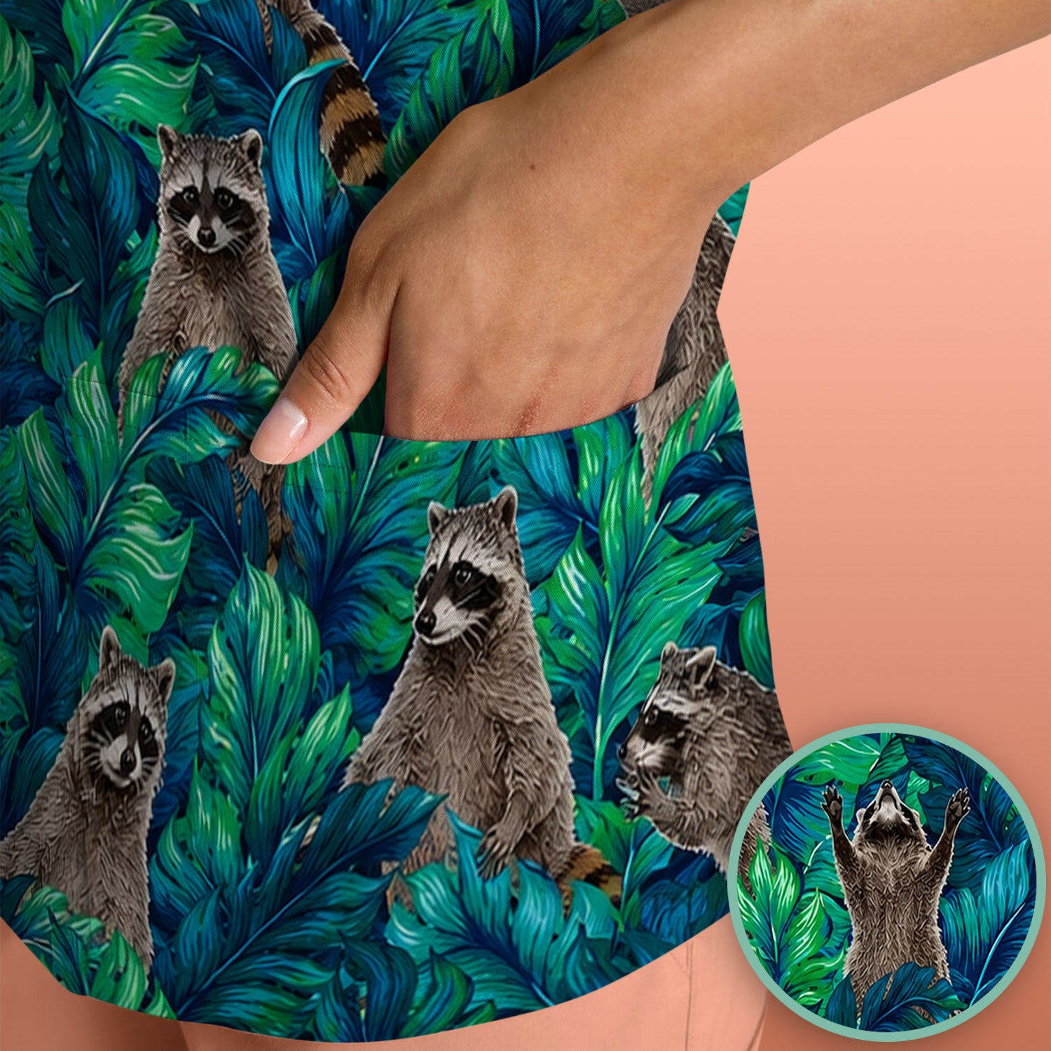 Tropical Raccoon Jungle Leaves Pattern Scrub Top, Comfortable Scrubs for Nurses