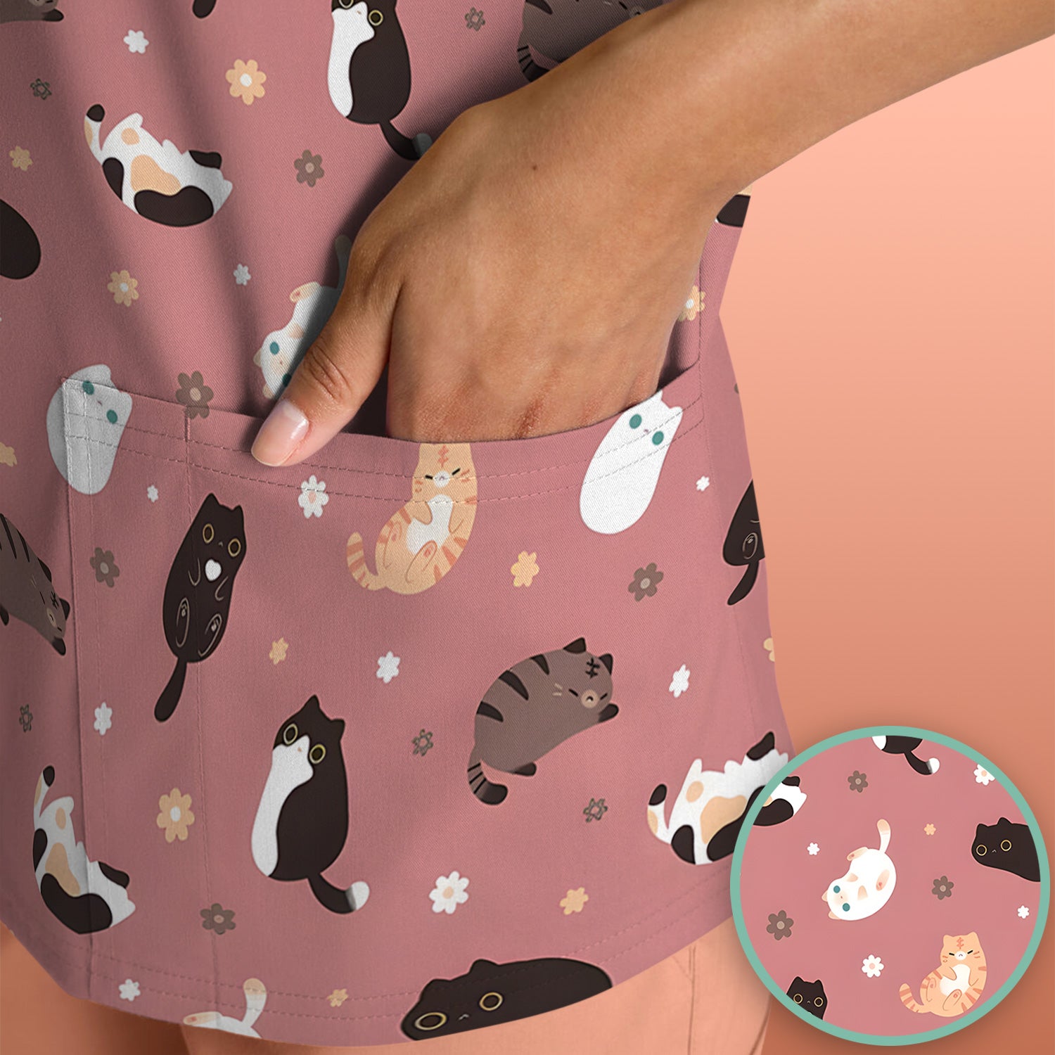 Adorable Kitty Nurse Pattern Scrub Top, Comfortable Scrubs for Nurses