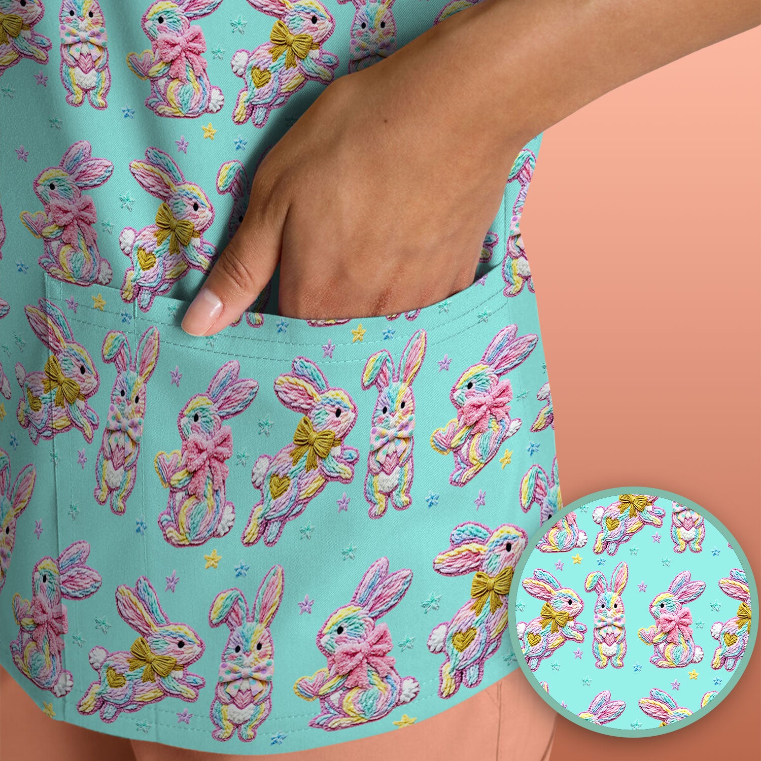 Cartoon Bunny All Over Print Scrub Top, Comfortable Scrubs for Nurses, Easter