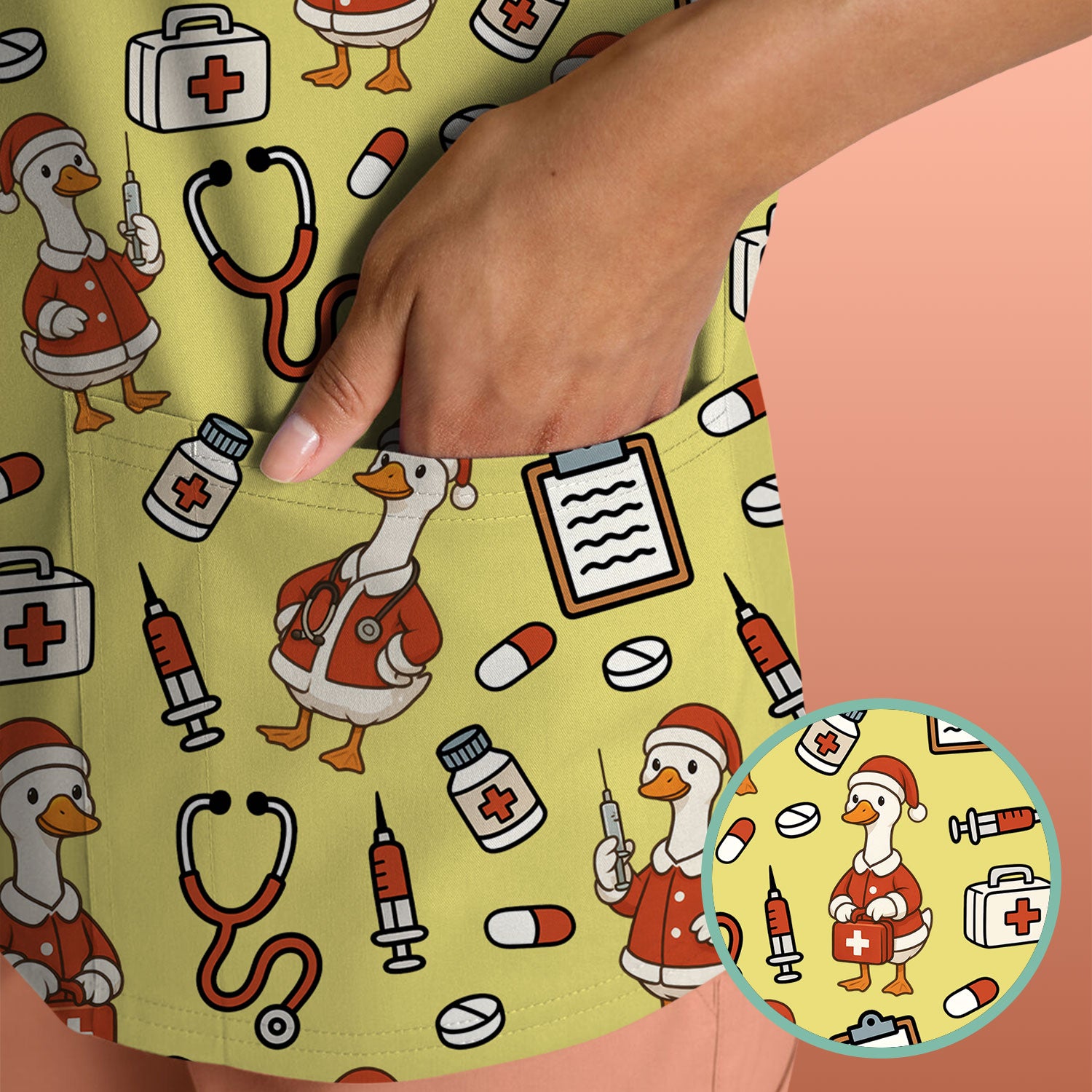 Santa Duck Nurse Scrubs - Christmas Print Medical Shirt for Women Men - Funny Holiday Scrub Top for RN CNA Doctor, Cute Xmas Gift