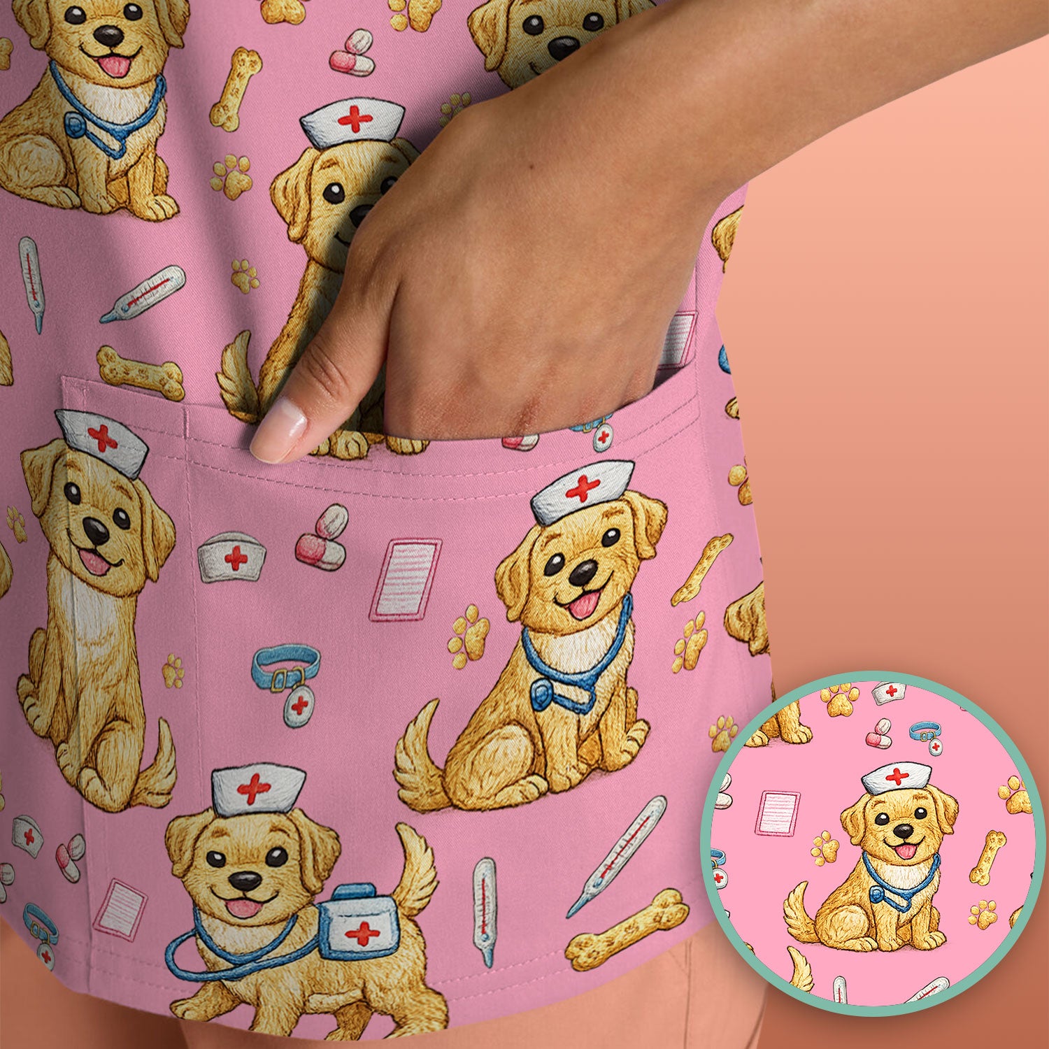 Cute Puppy Nurse Medical Print Scrub Top, Comfortable Scrubs for Nurses