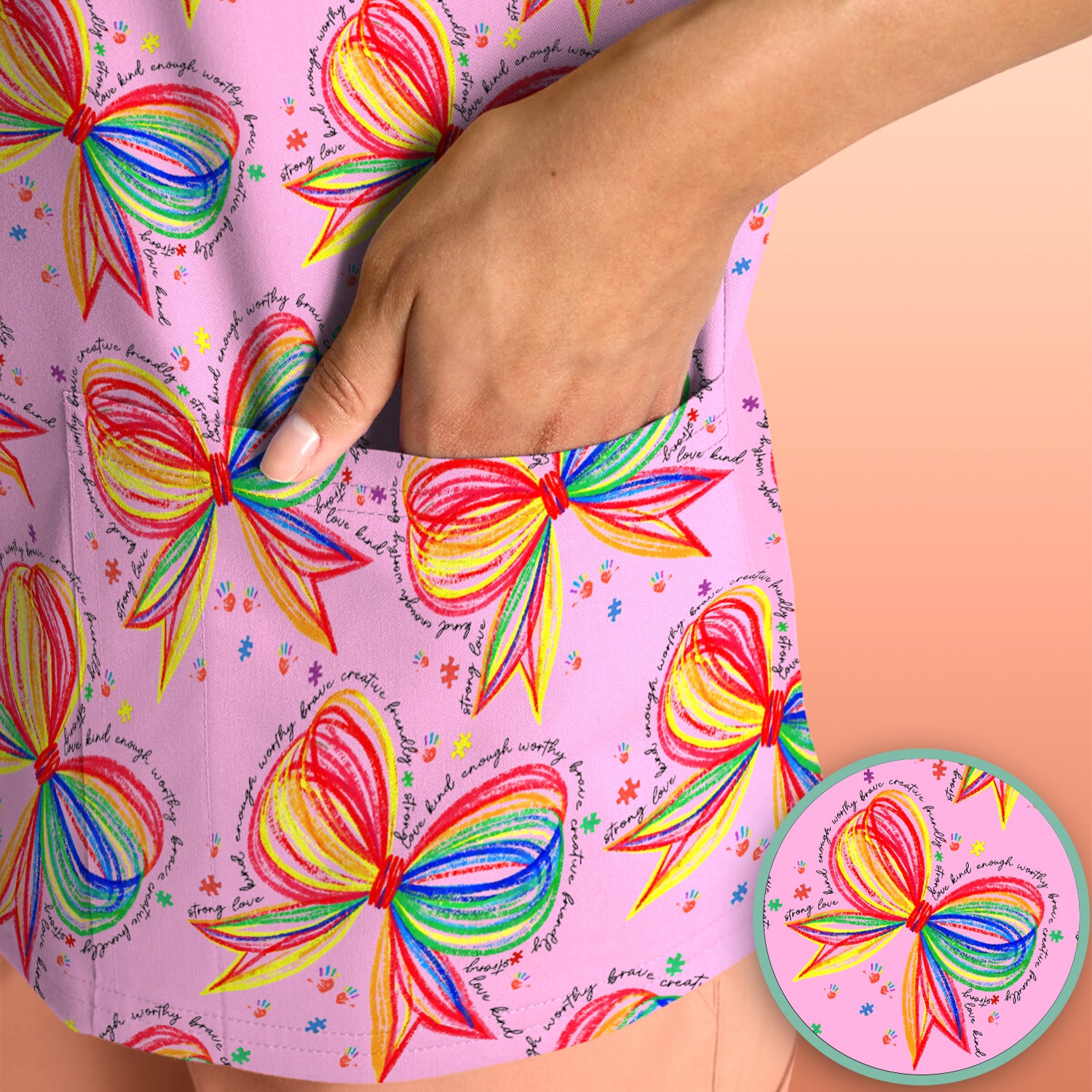 Colorful Rainbow Bow Pattern Scrub Top, Comfortable Scrubs for Nurses