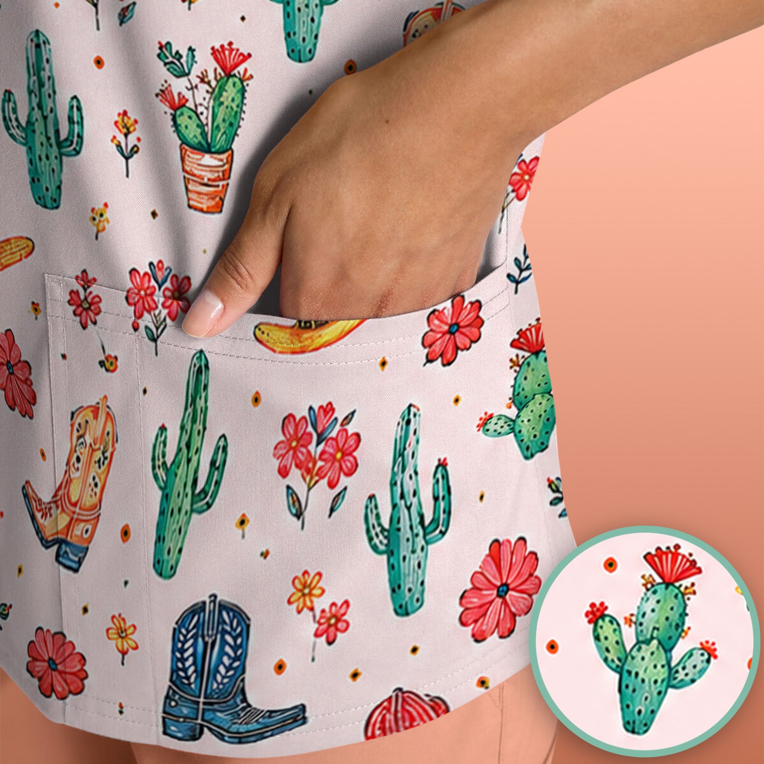 Whimsical Western Cactus Boots Pattern Scrub Top, Breathable Fabrics Nursing Uniform