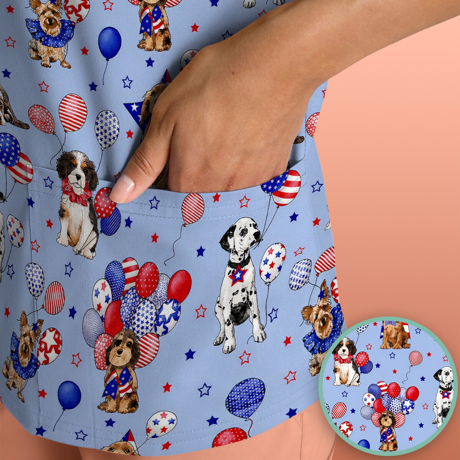 Patriotic Dogs With USA Flag Balloons Pattern Scrub Top, Comfortable Scrubs for Nurses