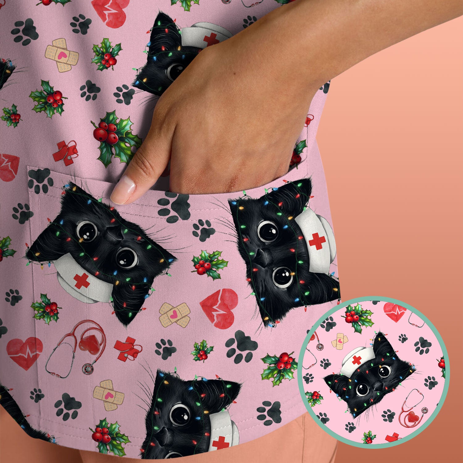 Black Cat Scrub Top for Nurse - Cute Kittens Christmas Medical Uniform - Funny Holiday Gift for Women