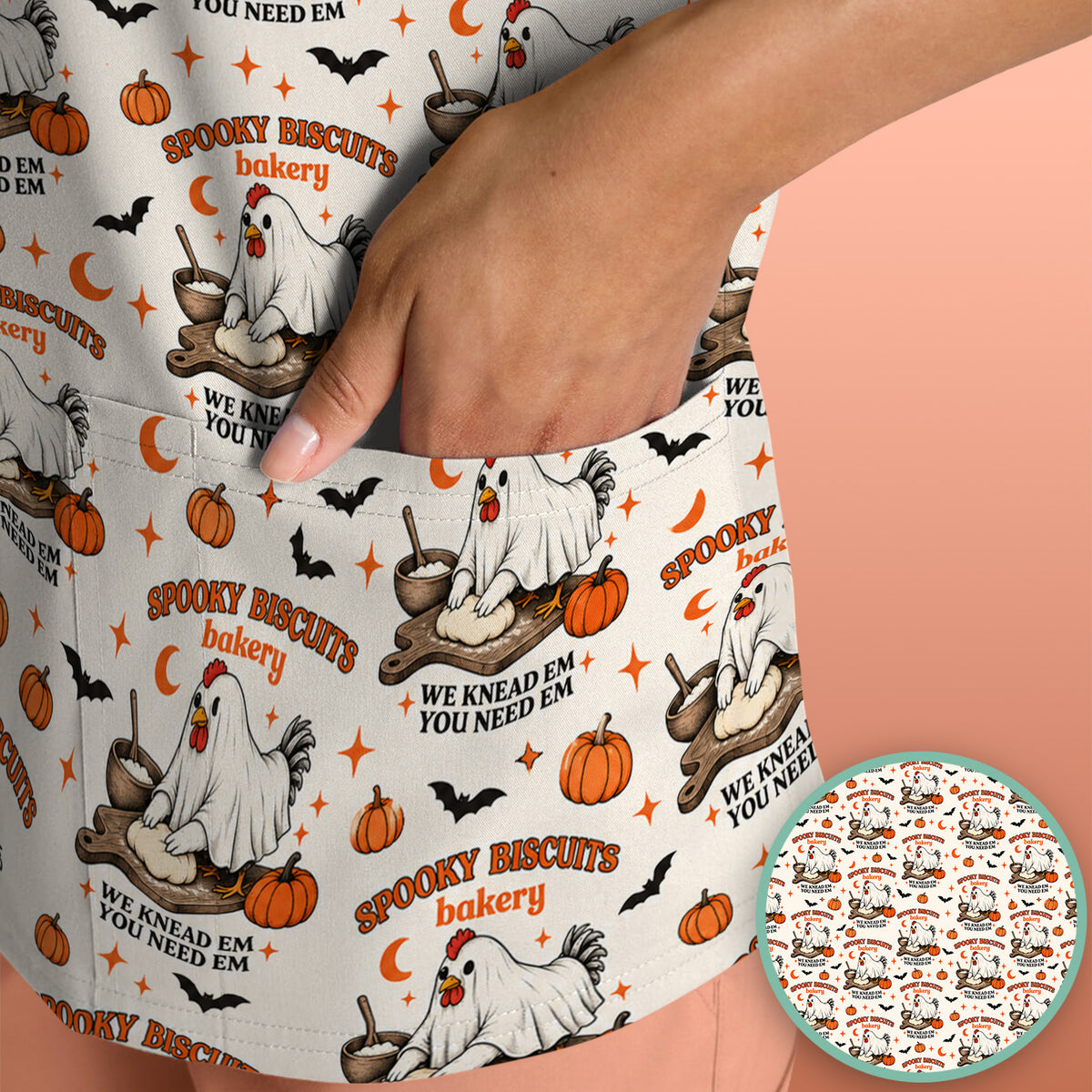 Halloween Spooky Biscuits Chicken Pattern Scrub Top, Comfortable Scrubs for Nurses