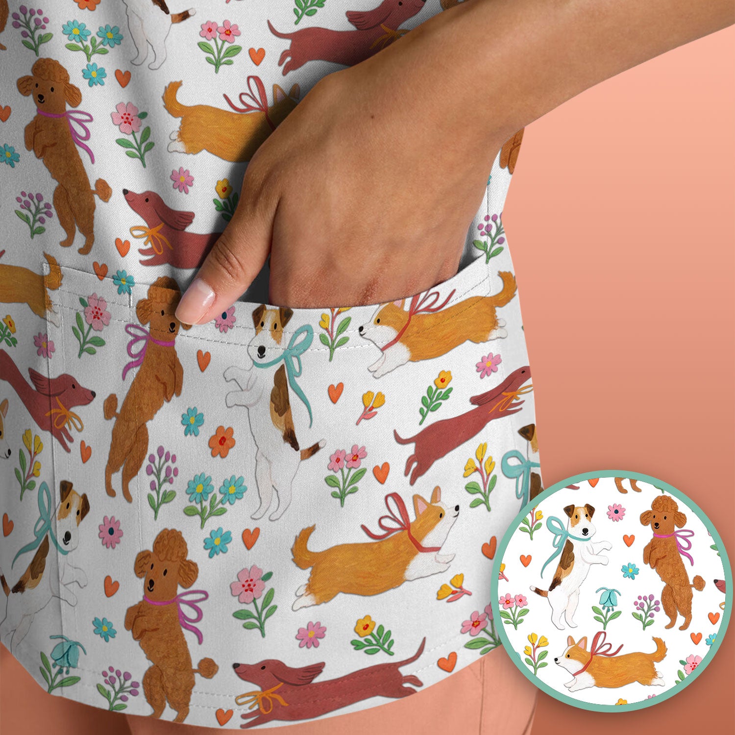 Cute Cartoon Dog Print Nurse Scrub Top, Comfortable Scrubs for Nurses