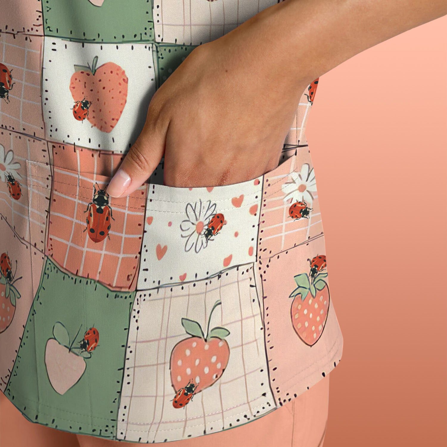 Strawberry Ladybug Patchwork Pattern Scrub Top, Comfortable Scrubs For Nurses