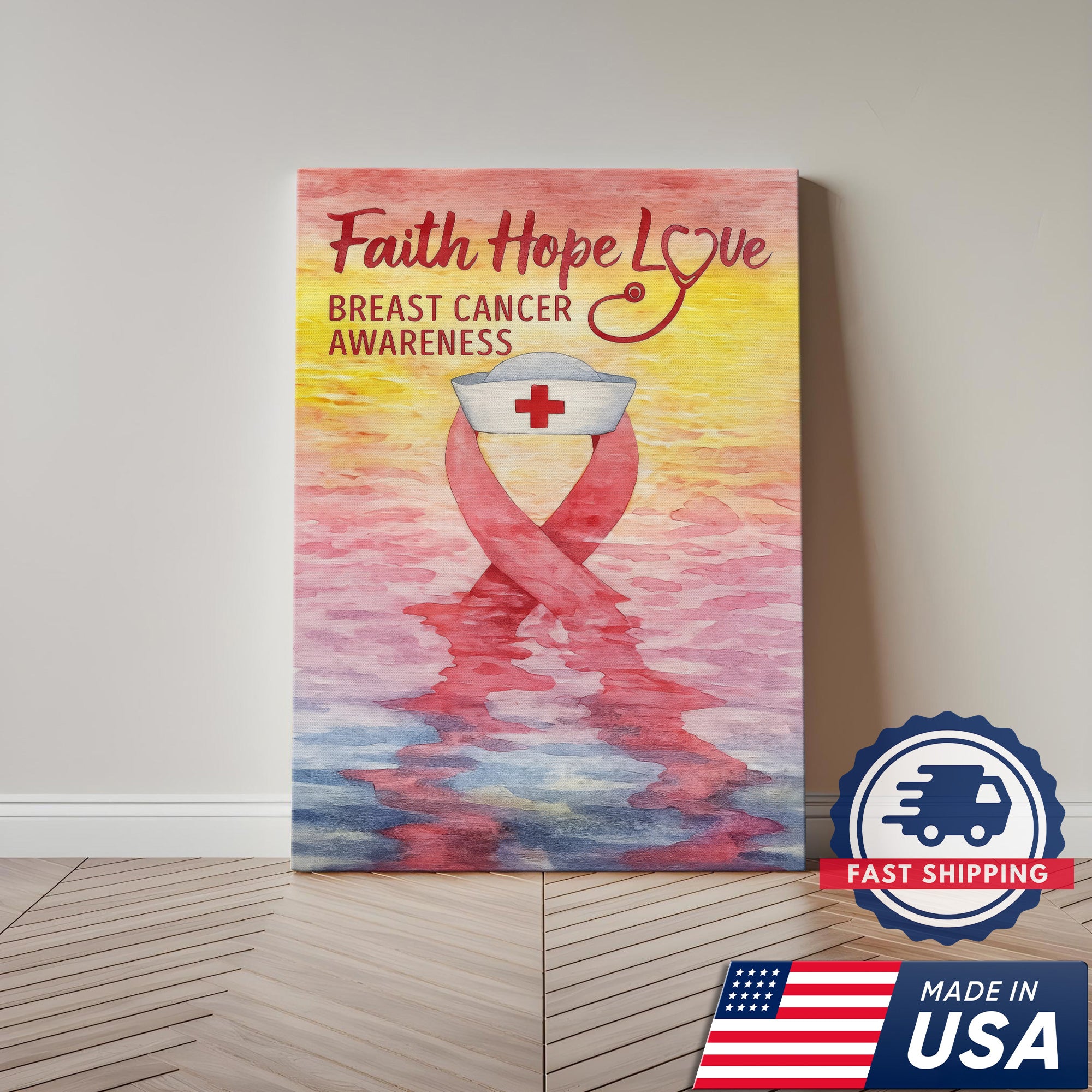 Faith Hope Love Breast Cancer Awareness Canvas, Inspirational Nurse Gift Home Decor, RN LPN CNA Gift