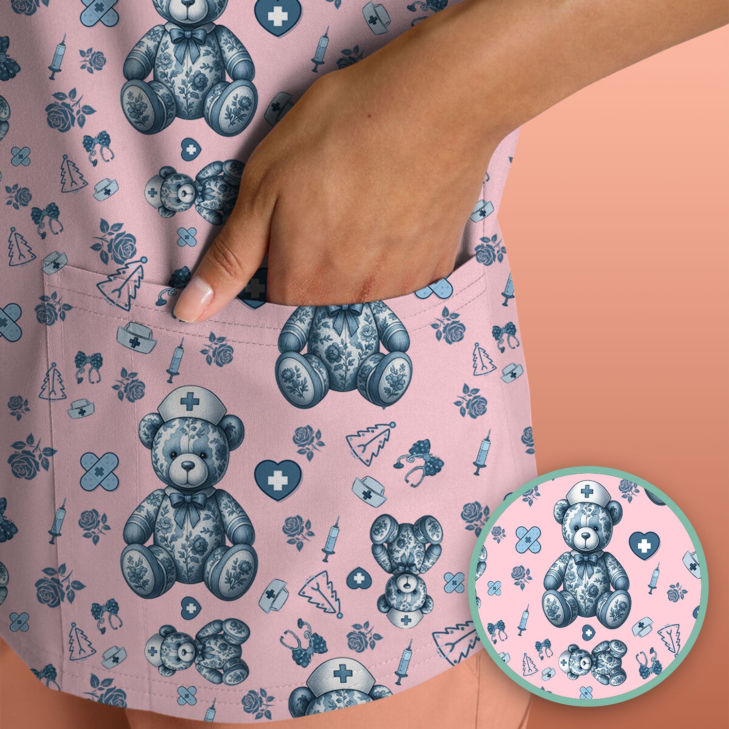 Toile Teddy Bear Nurse Scrub Top - Elegant Blue Toile de Jouy Pattern Medical Shirt for Women - Cute Vintage Nursing Uniform Gift