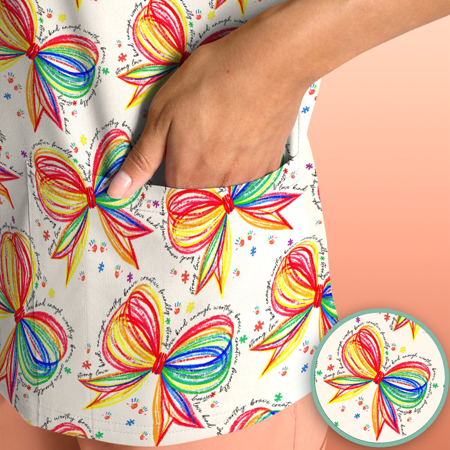 Colorful Rainbow Bow Pattern Scrub Top, Comfortable Scrubs for Nurses