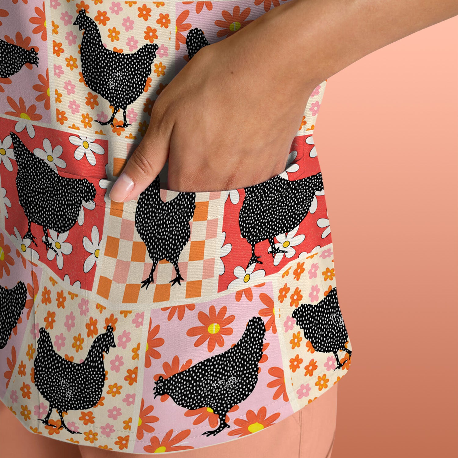 Charming Chicken Patchwork Floral Pattern Scrub Top, Comfortable Scrubs For Nurses