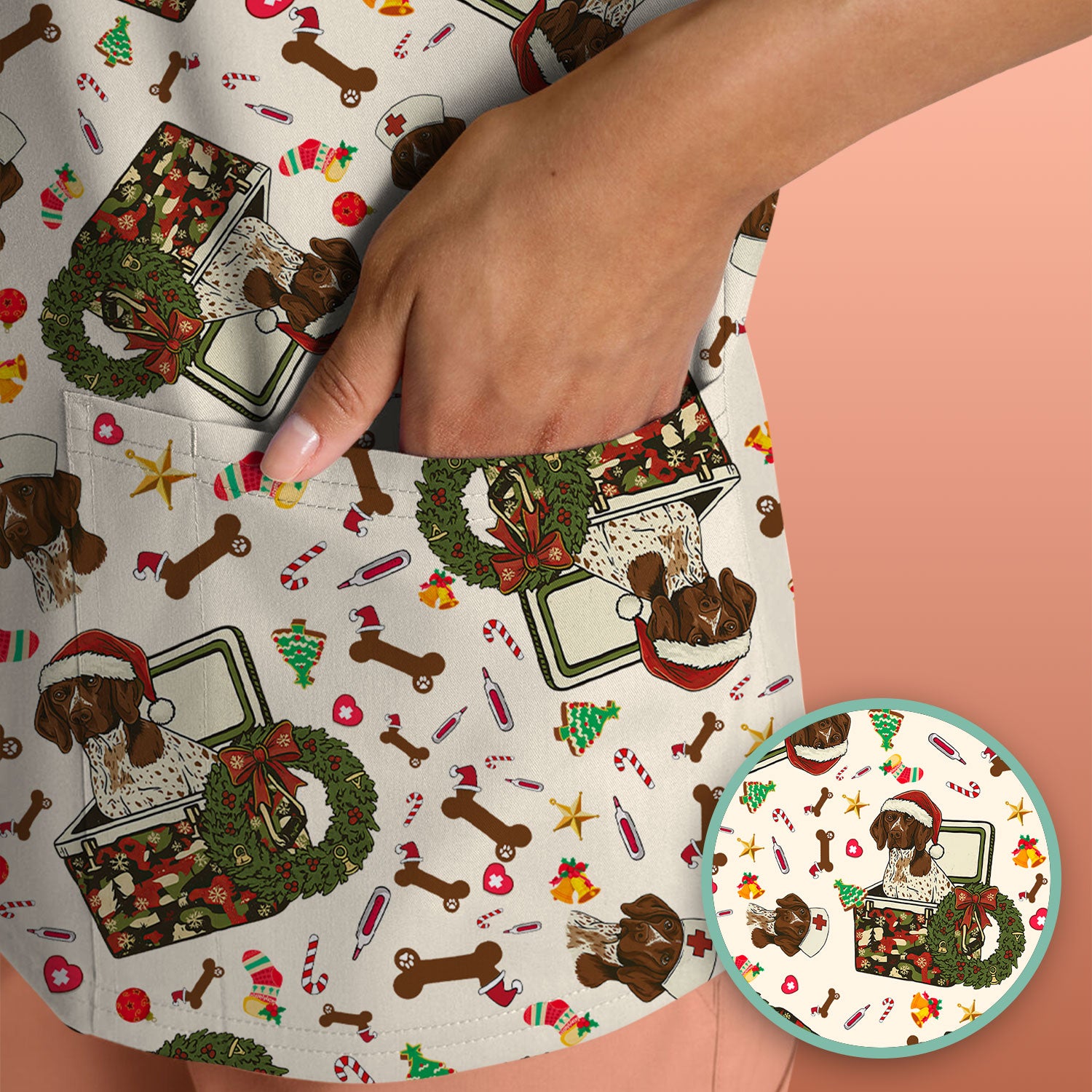 Christmas Dachshund Scrub Top - Cute Sausage Dog Nurse Shirt - Funny Holiday Medical Uniform for Women RN LPN CNA Gift