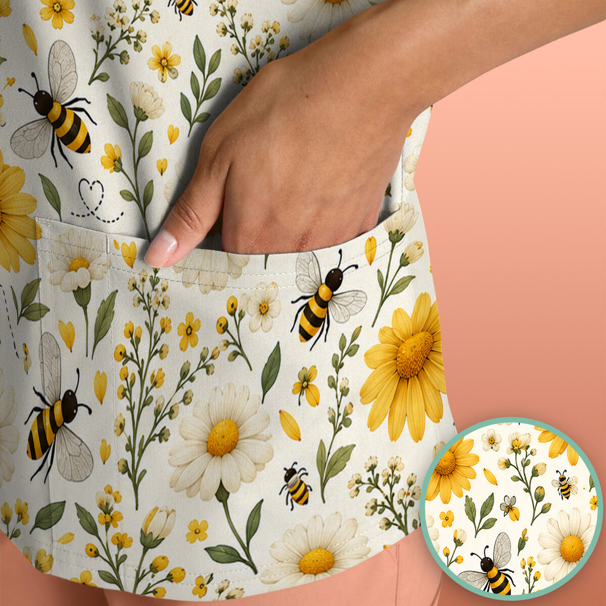 Cute Honey Bee And Daisy Pattern Scrub Top, Comfortable Scrubs for Nurses