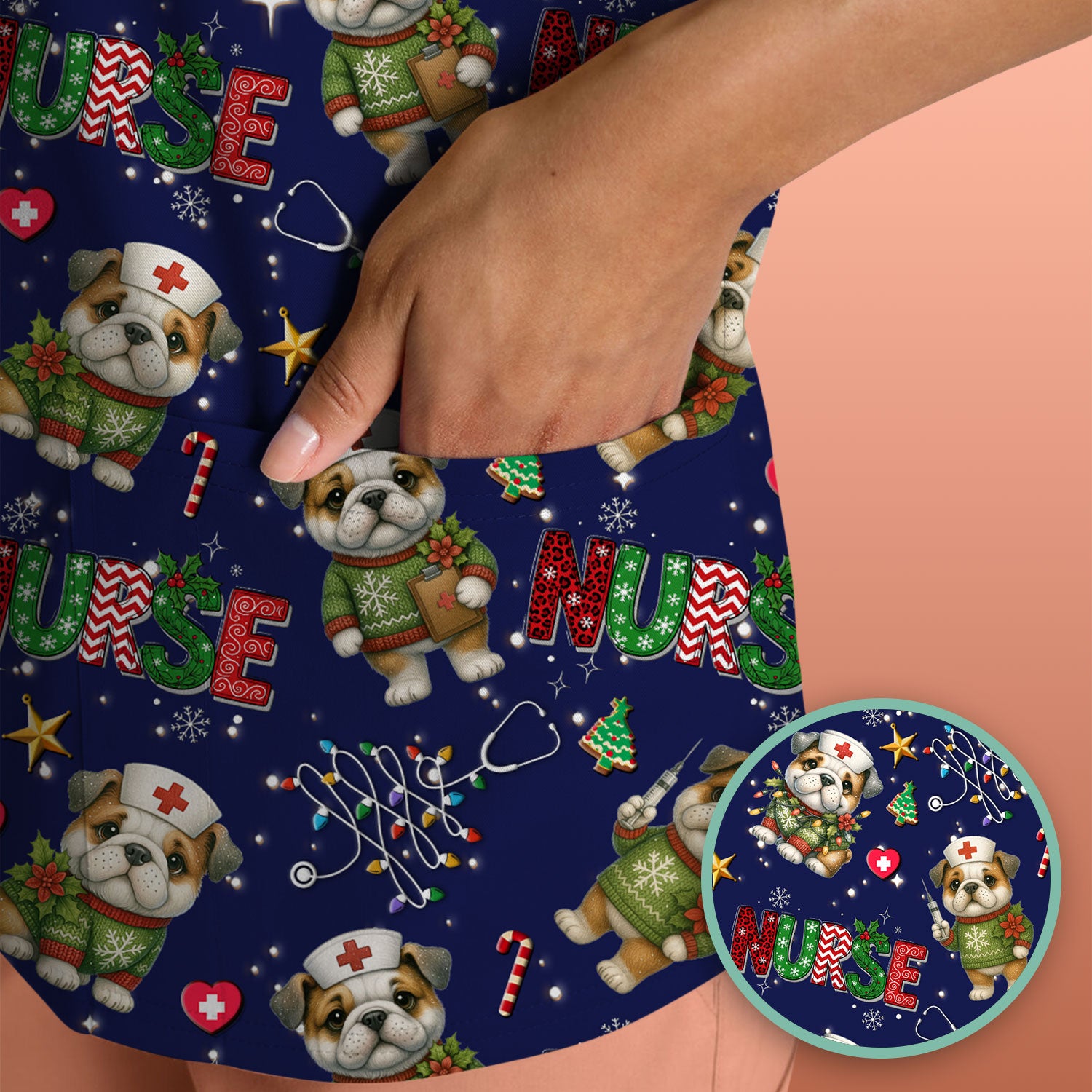 Bulldog Christmas Nurse Scrub Top - Funny Dog Scrub Shirt - Cute Holiday Medical Uniform for Women RN LPN CNA Gift