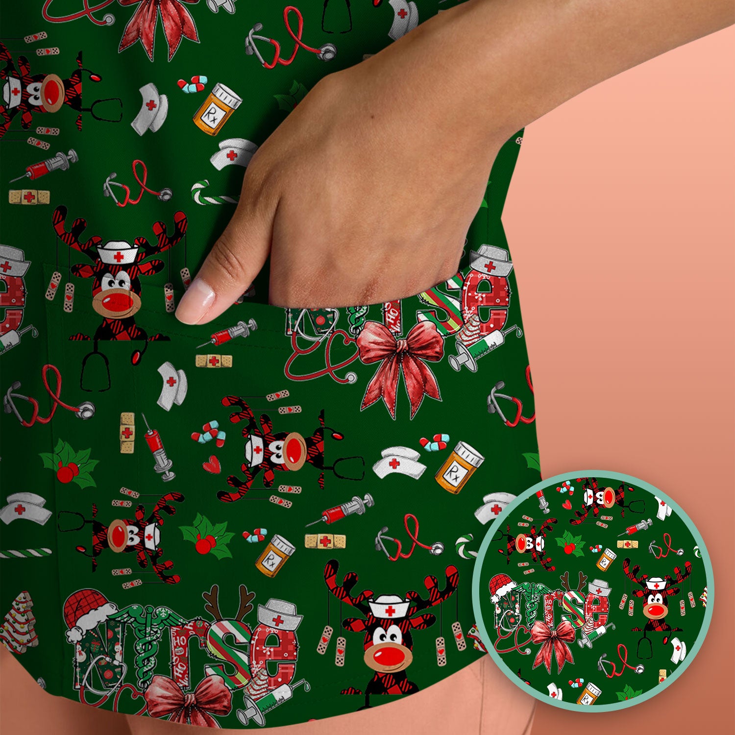Whimsical Reindeer Christmas Scrub Top – Festive Holiday Reindeer Pattern – Cute Medical Uniform for Nurses, Vets and Healthcare Workers